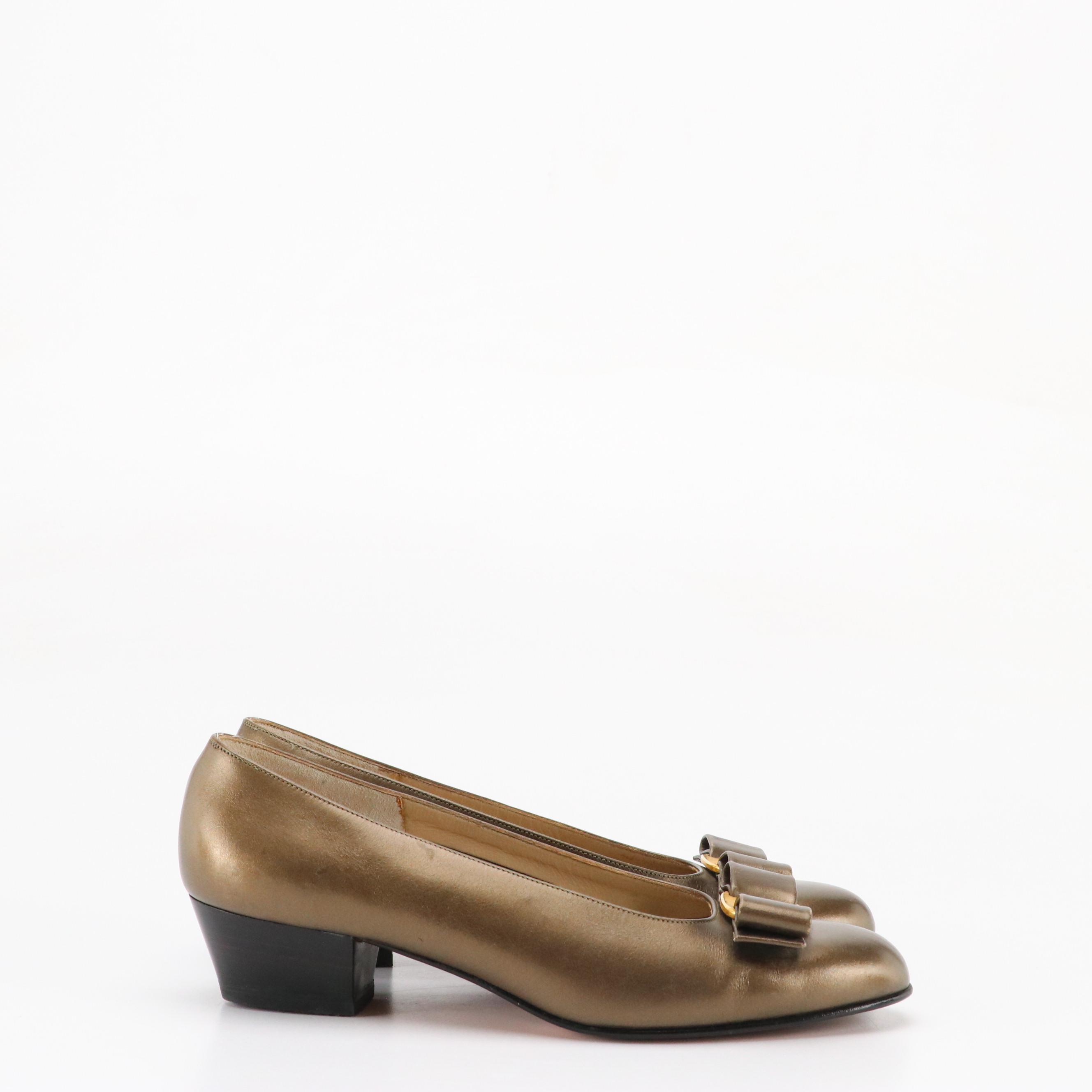 Salvatore Ferragamo Boutique Metallic Leather Vara Bow Low Heel Pumps