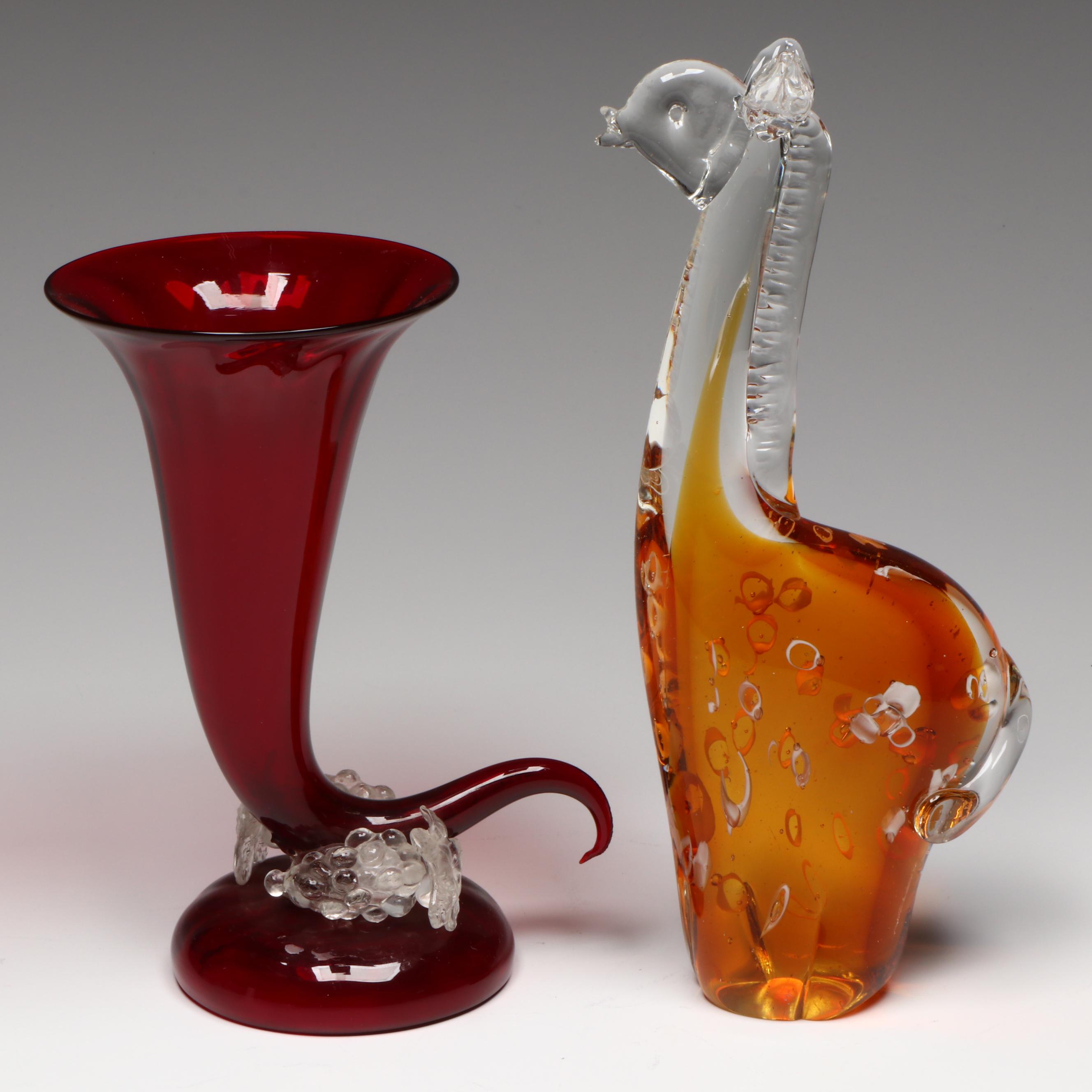 Italian Murano Style Art Glass Cornucopia Vase and Giraffe Figurine
