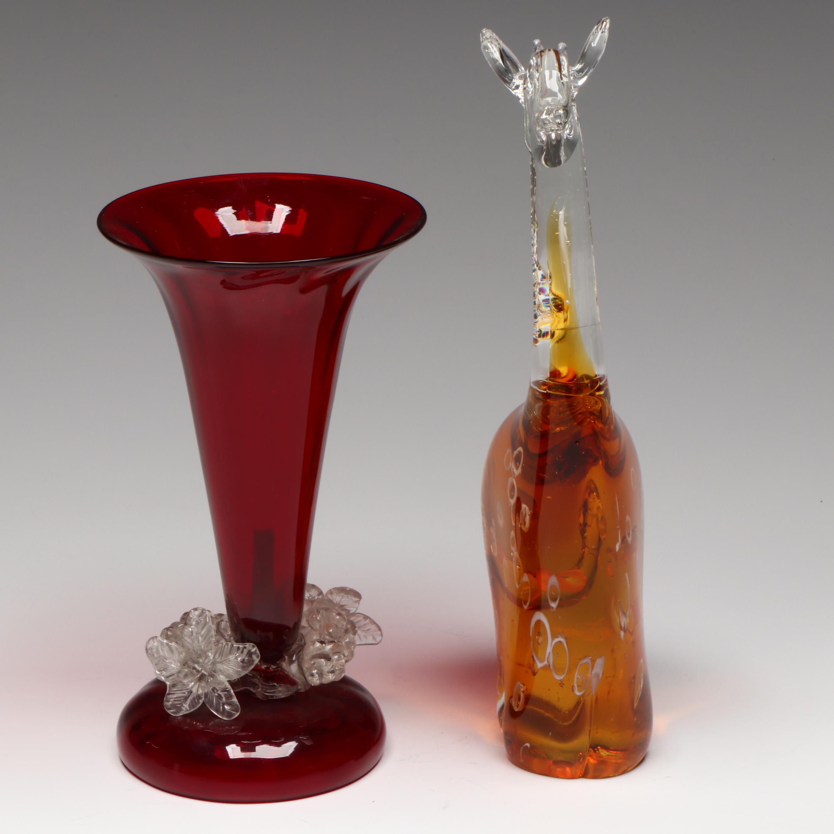 Italian Murano Style Art Glass Cornucopia Vase and Giraffe Figurine