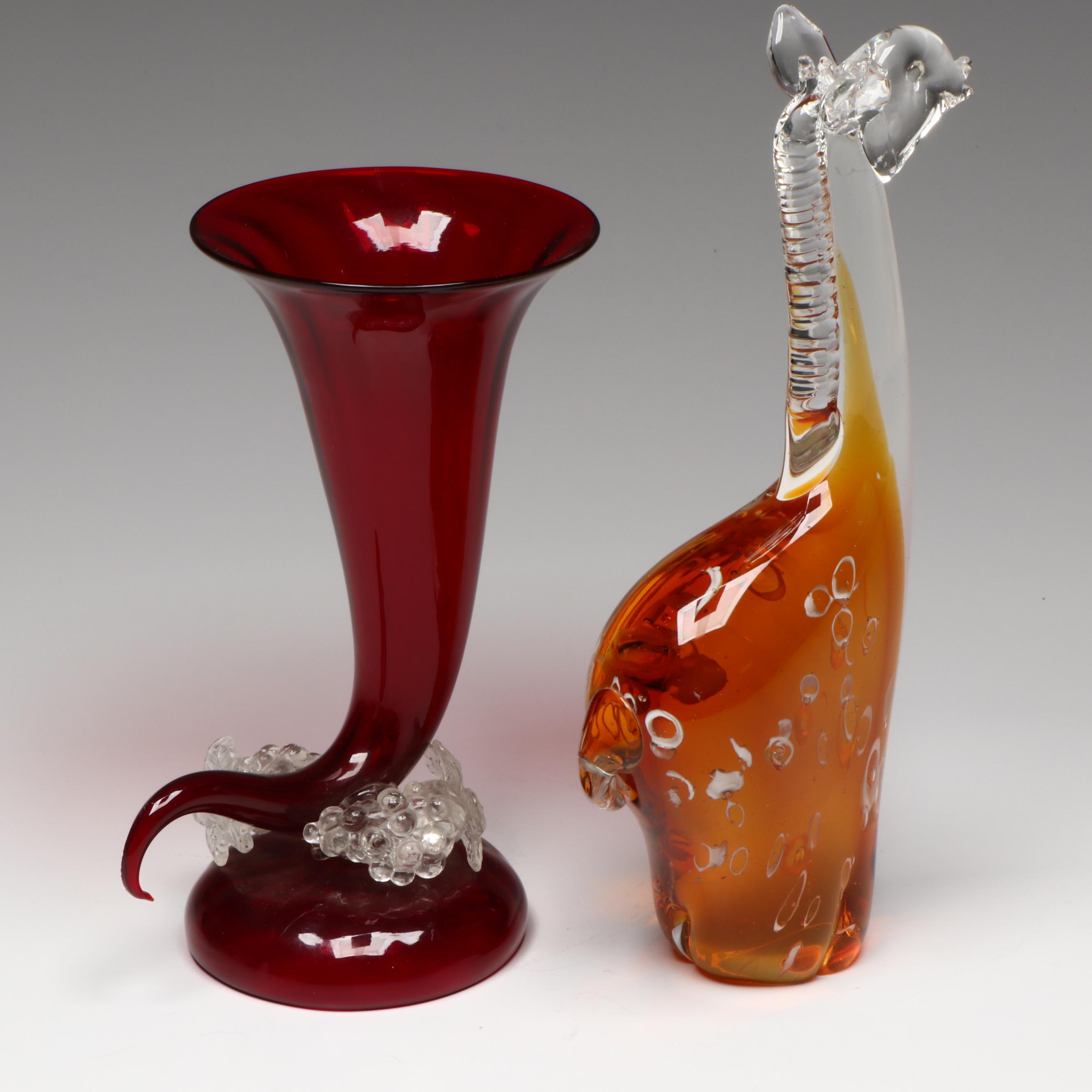 Italian Murano Style Art Glass Cornucopia Vase and Giraffe Figurine