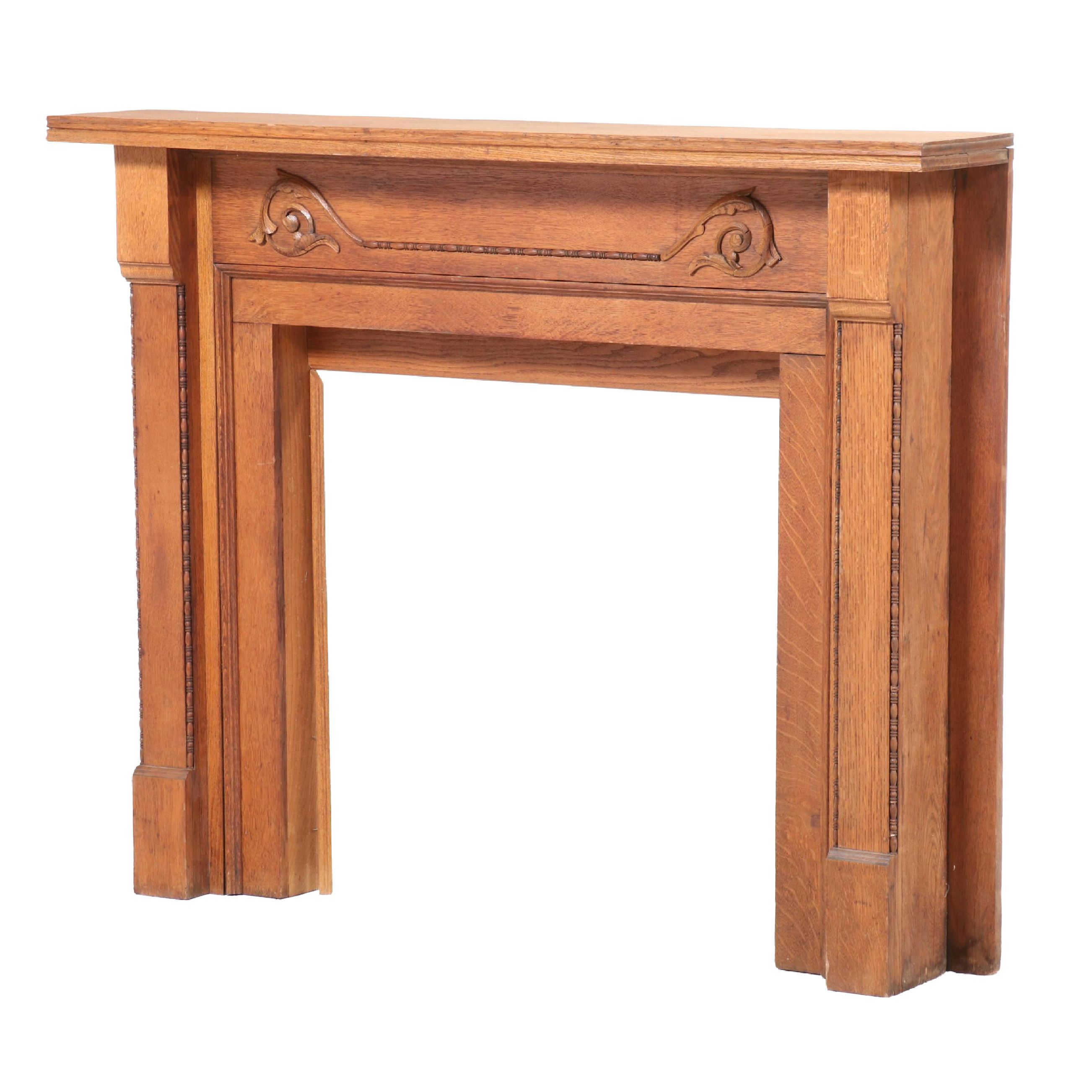 Art Nouveau Style Carved Oak Fireplace Mantel Surround, Late 19th/Early 20th C.