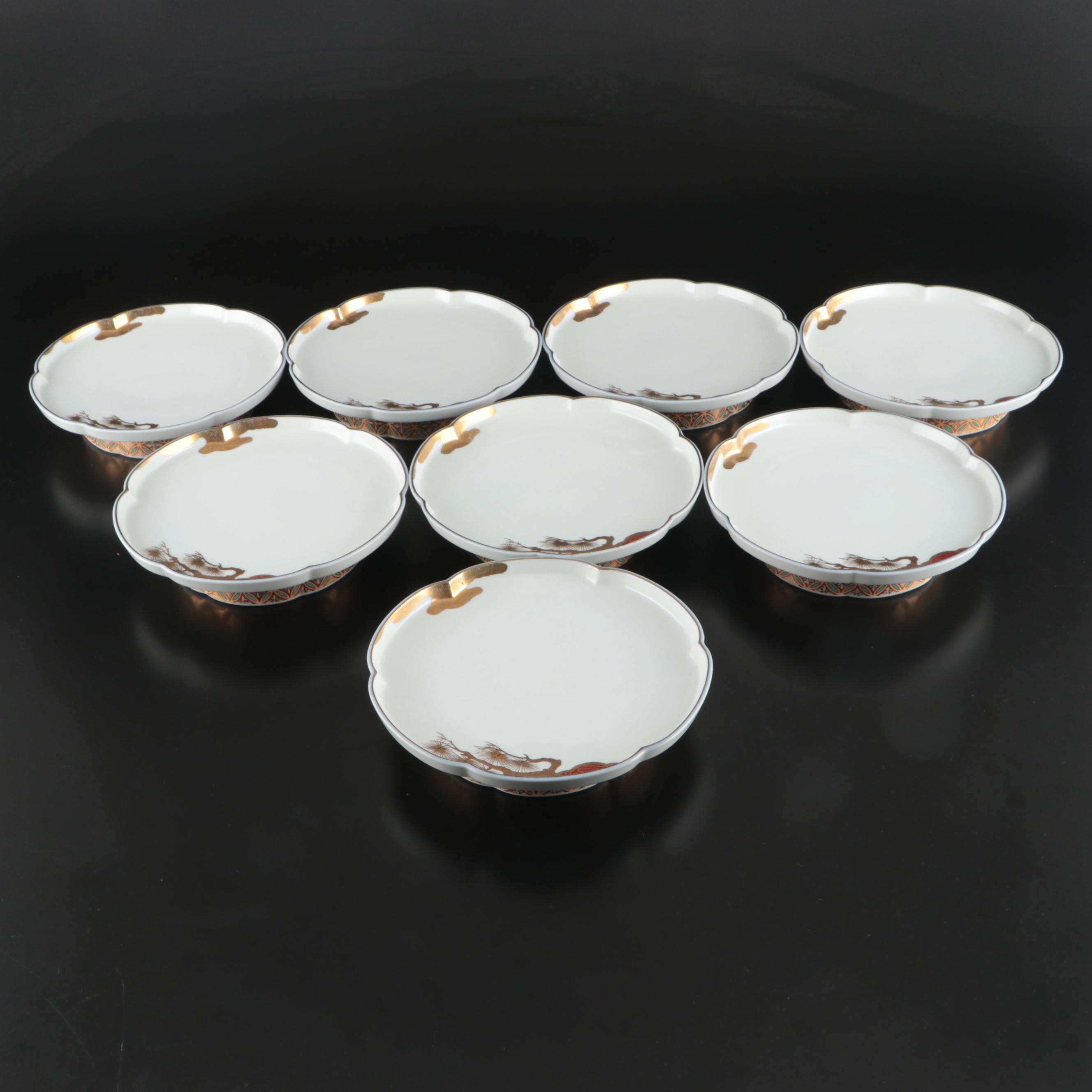 Toyo Japanese Pine Tree Motif with Gold Gilt Accent Porcelain Footed Plates