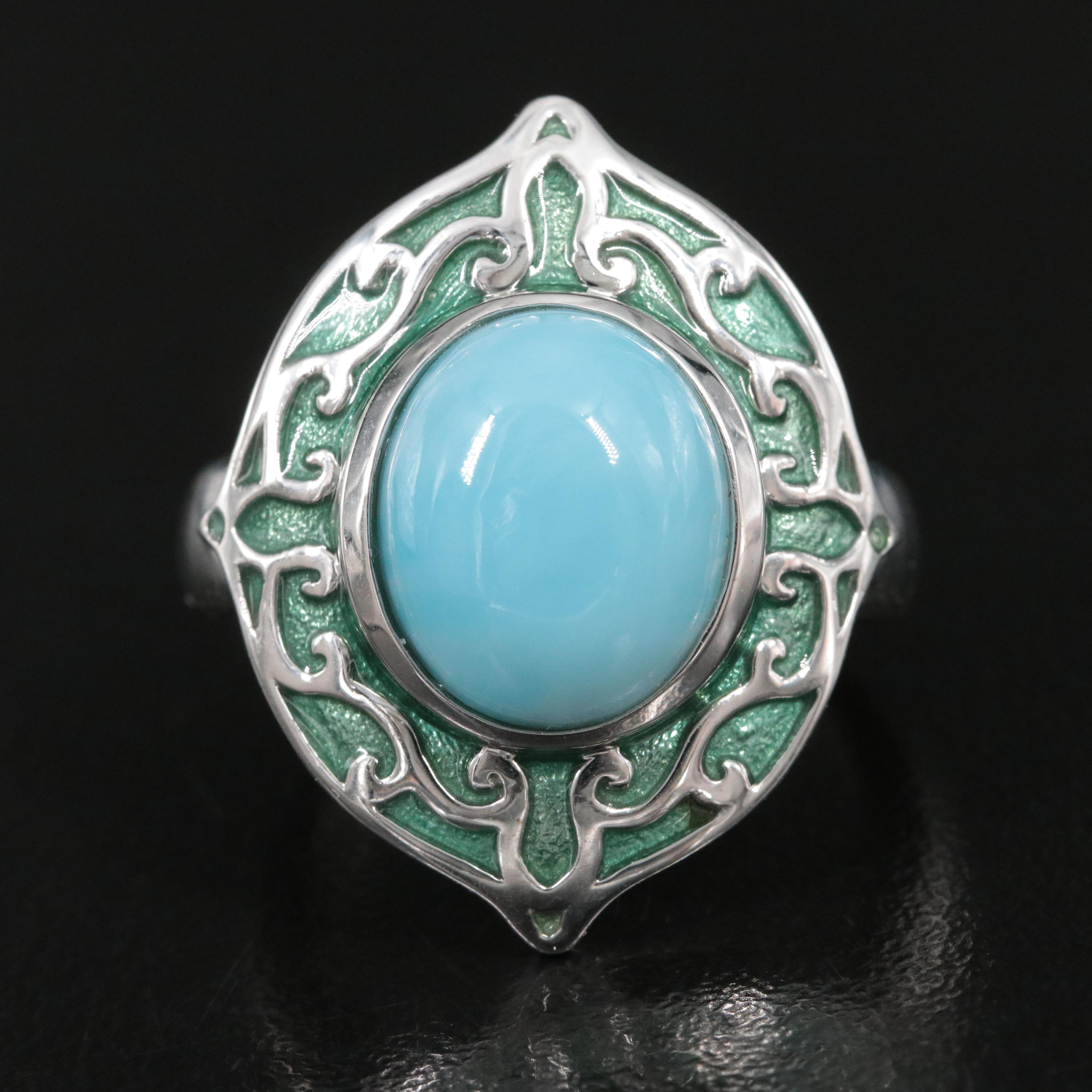 Sterling Larimar and Resin Enamel Shield Ring