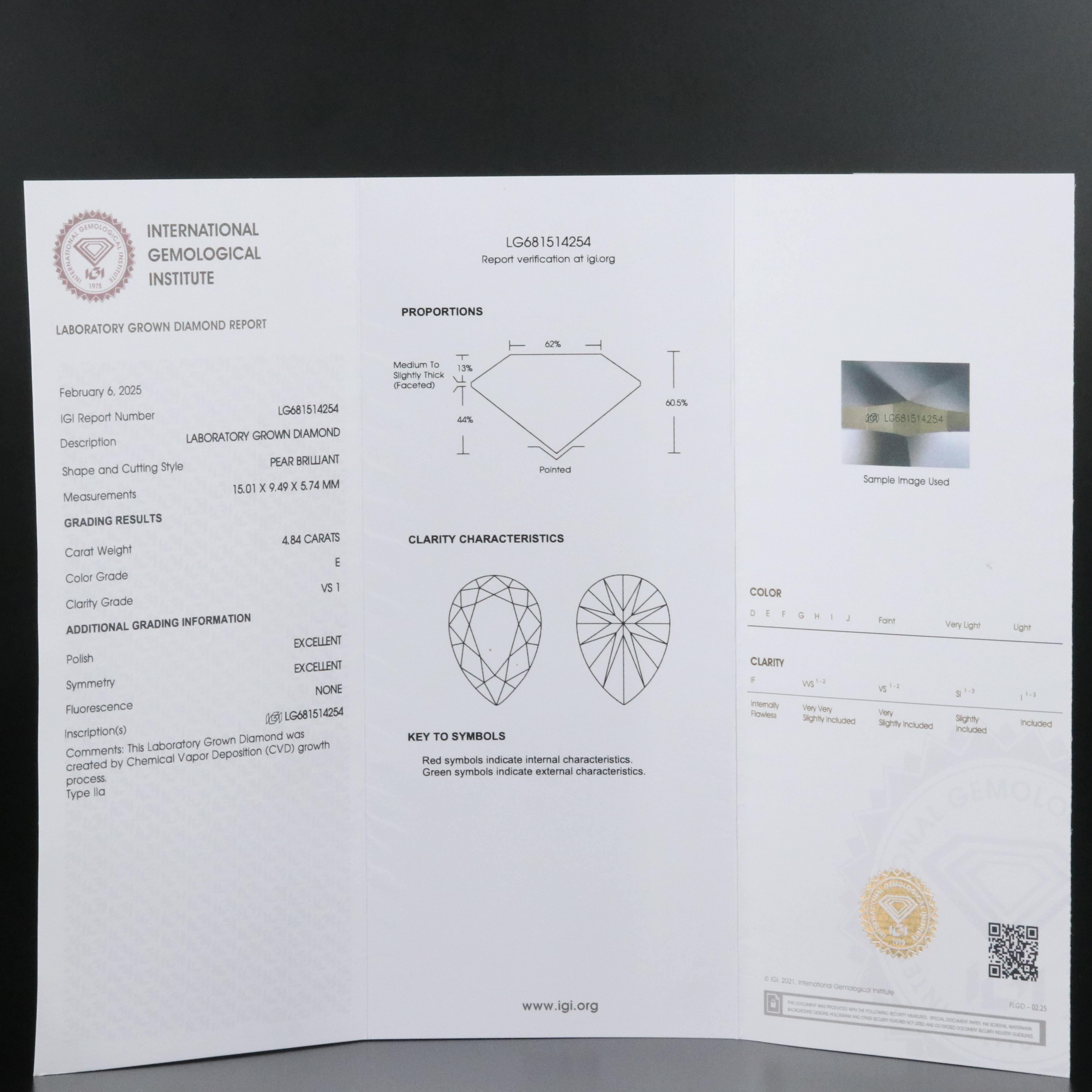 Platinum 4.84 CT Lab Grown Diamond Solitaire Pendant Necklace with IGI Report