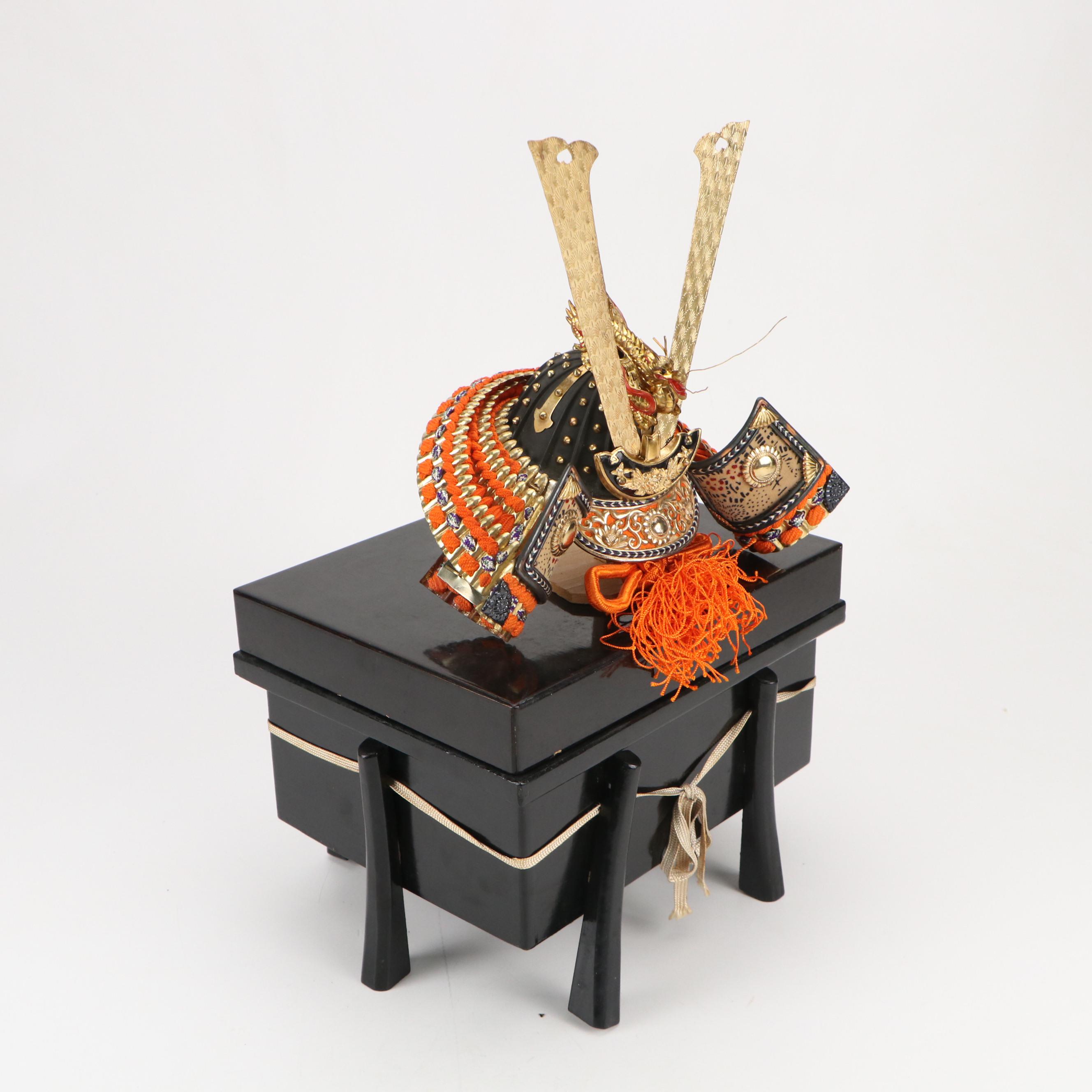 Japanese Miniature Samurai Kabuto with Lacquered Box