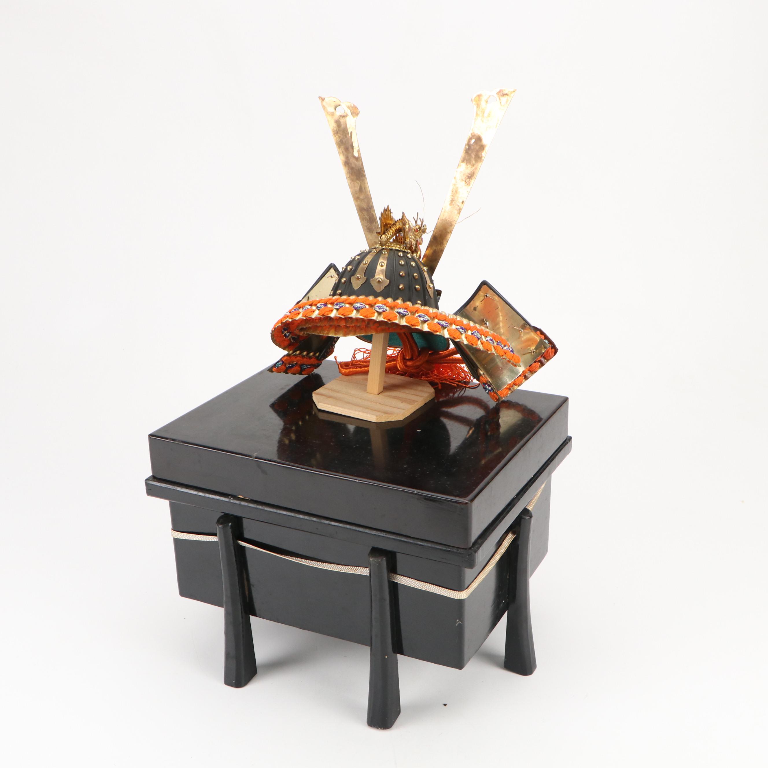 Japanese Miniature Samurai Kabuto with Lacquered Box