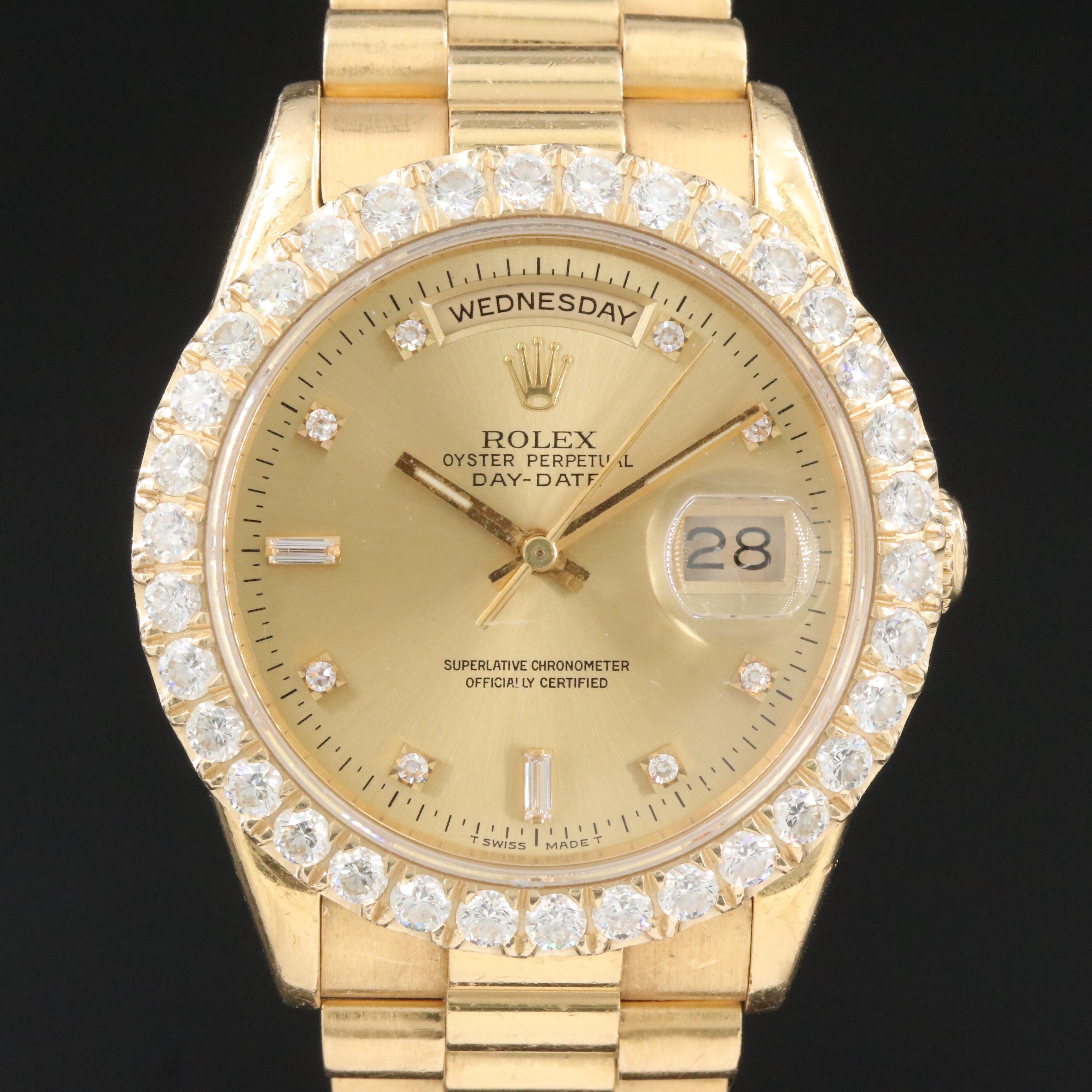 Rolex Day-Date 18238 Custom 3 CTW Diamond Set 18K Gold 36mm Automatic Watch