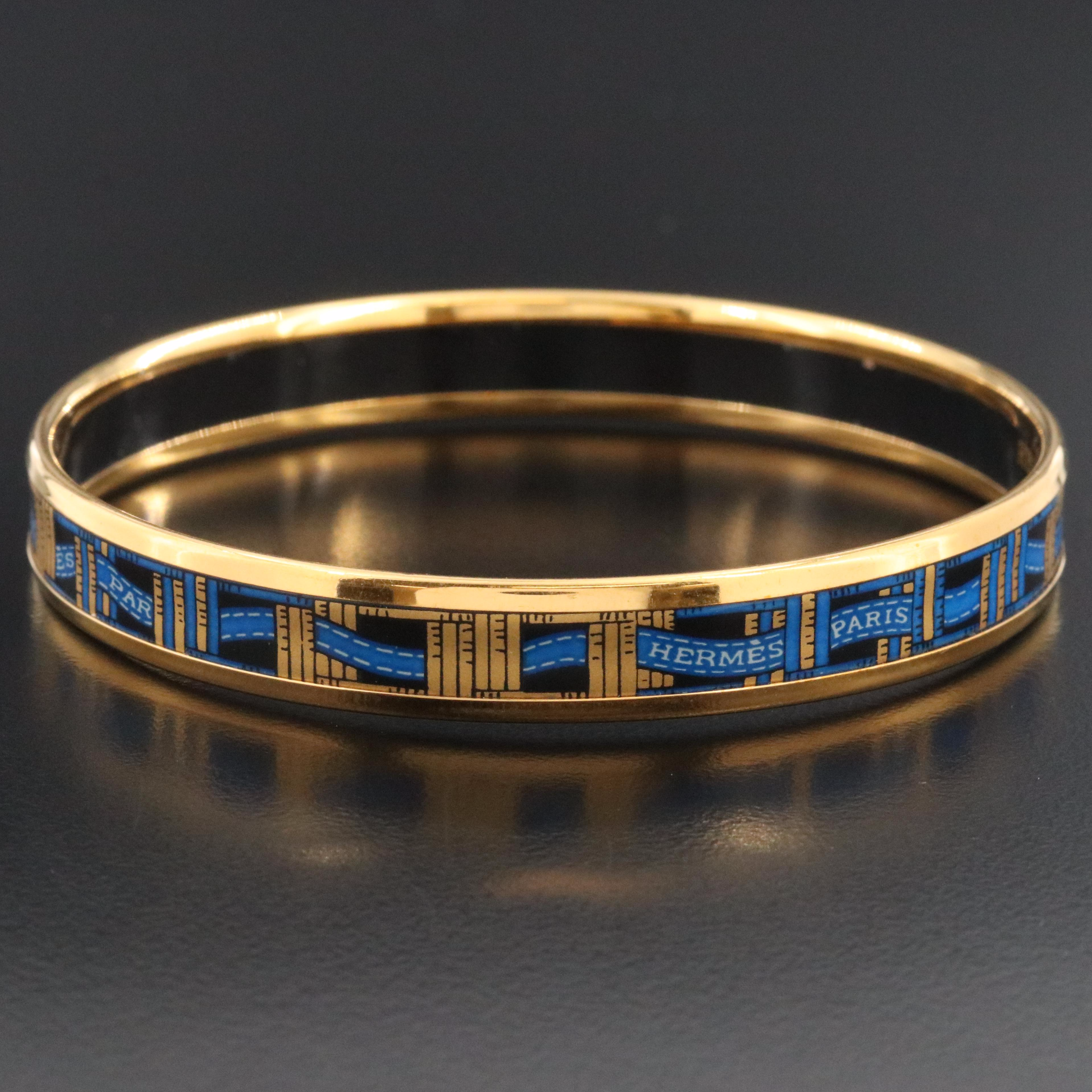 Hermès Paris Blue Ribbon Motif Enamel Narrow Bangle