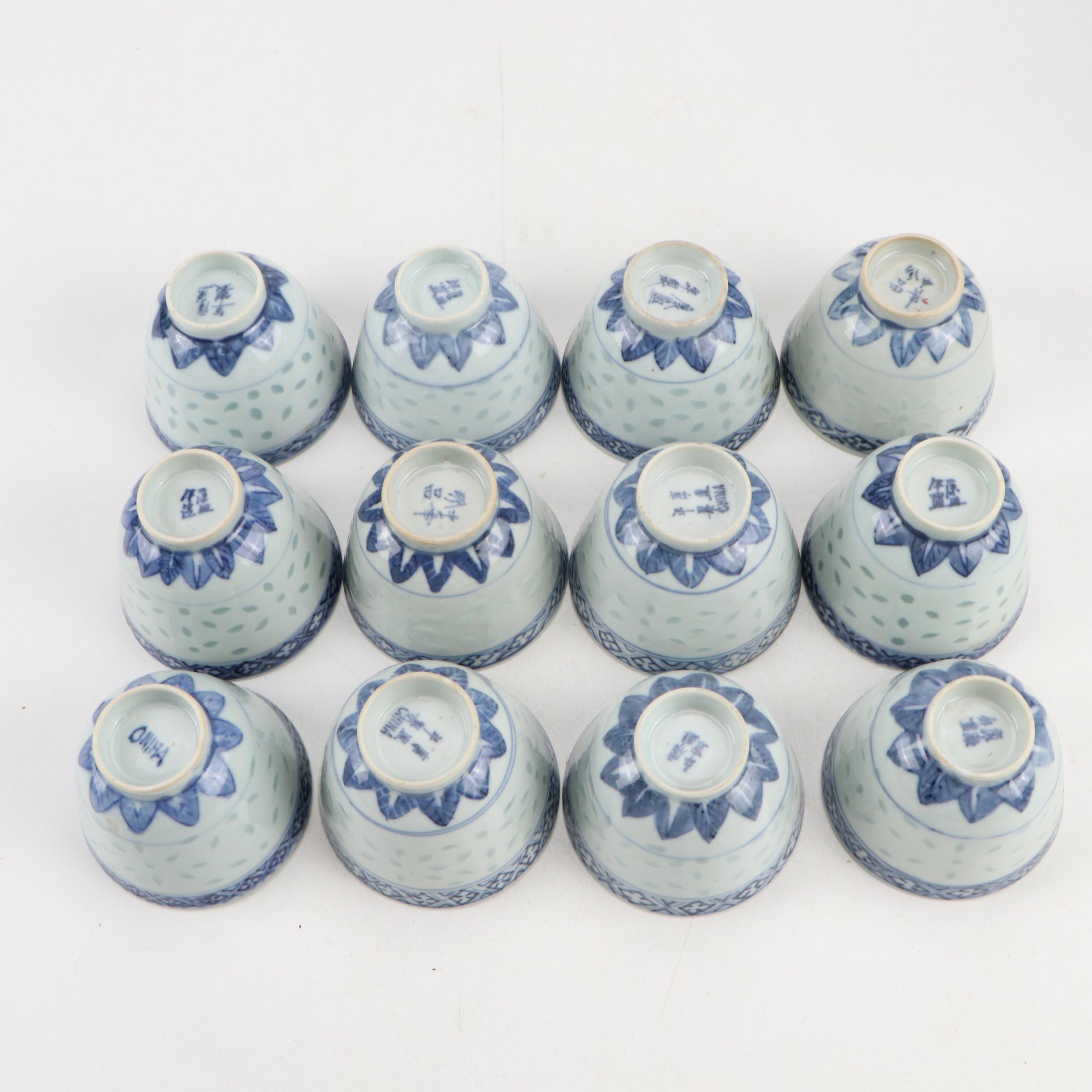 Japanese Porcelain Arita Bowls with Chinese Plates and Rice Grain Cups