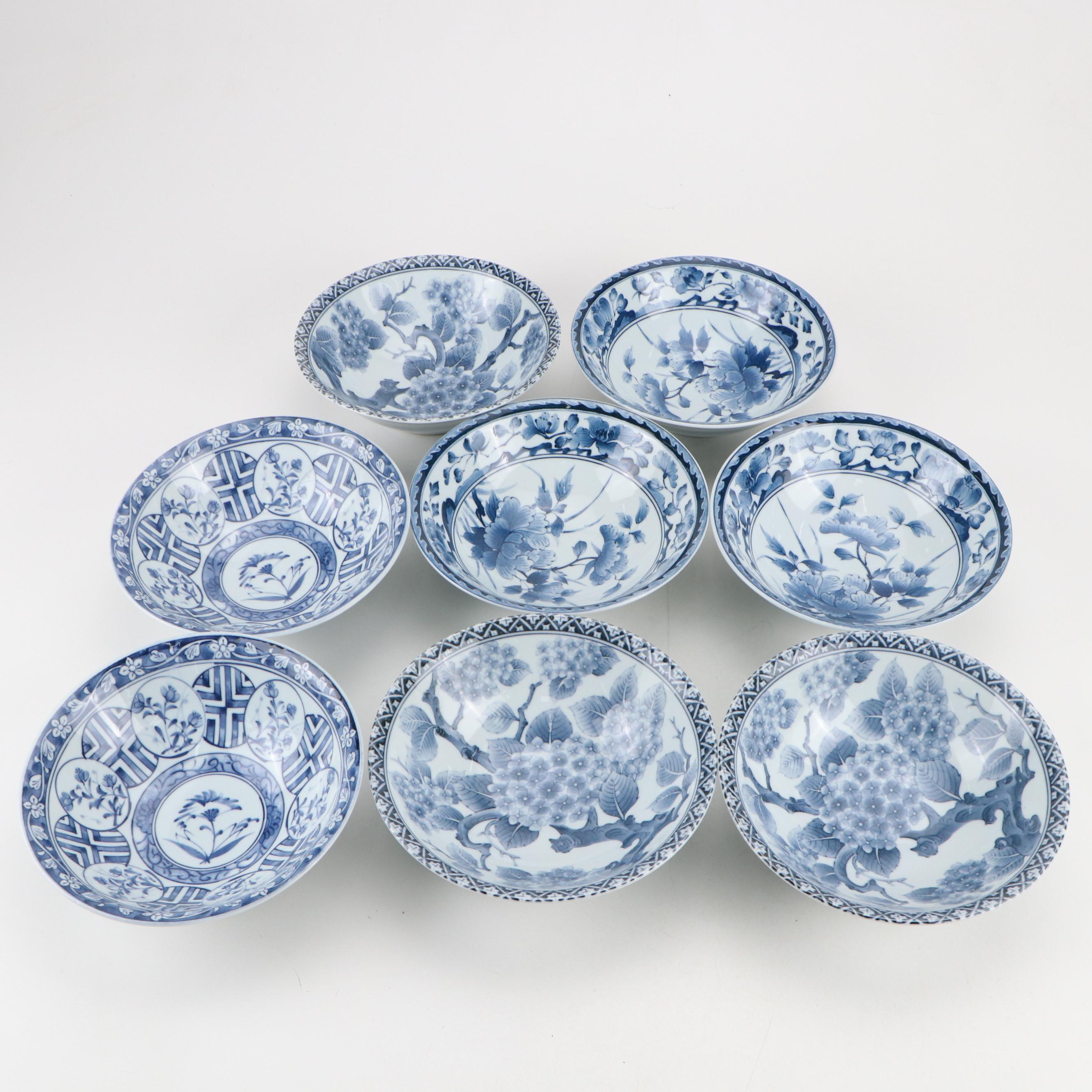 Japanese Porcelain Arita Bowls with Chinese Plates and Rice Grain Cups