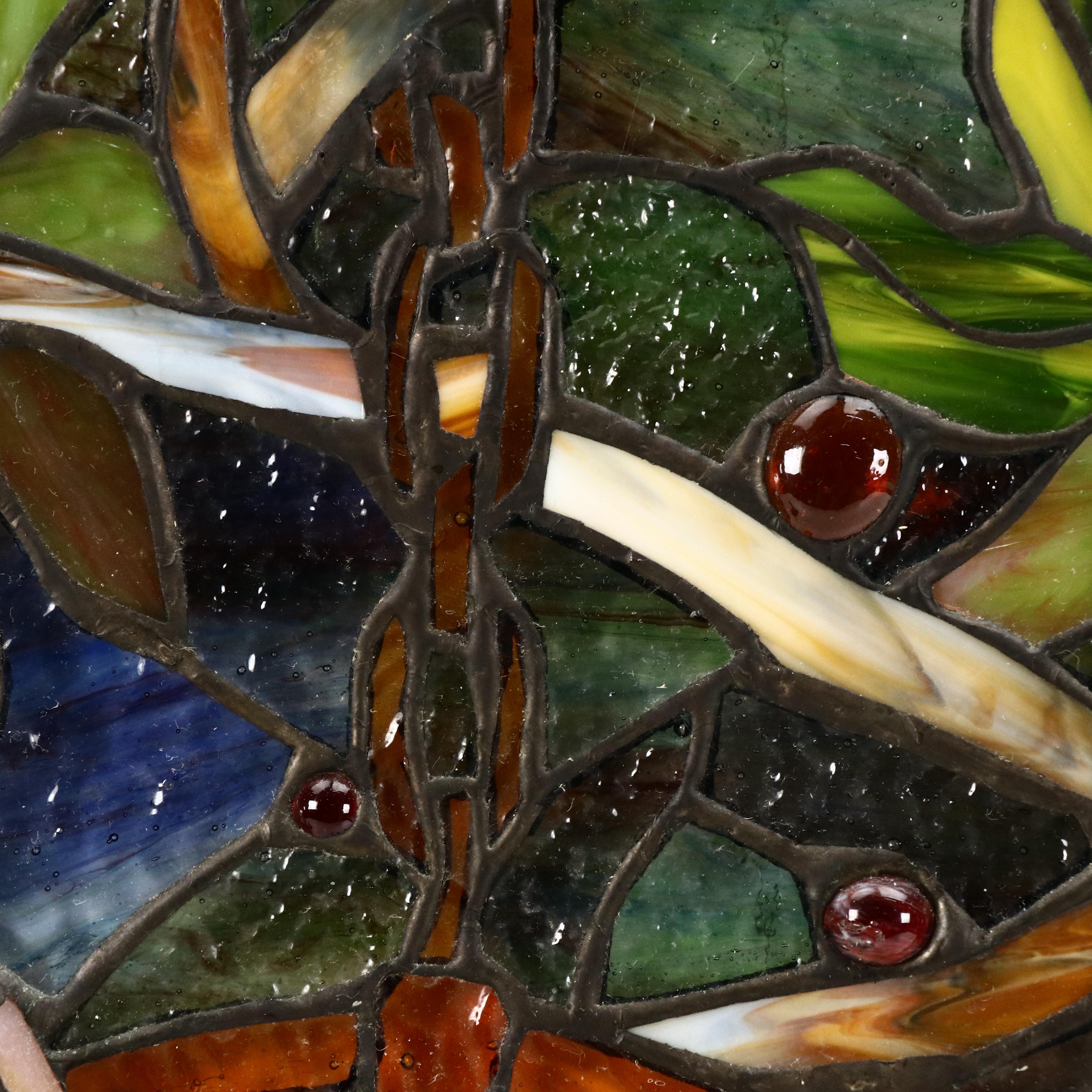 Dimensional Copper Foil Soldered Stain Glass Panel With Bird Scene