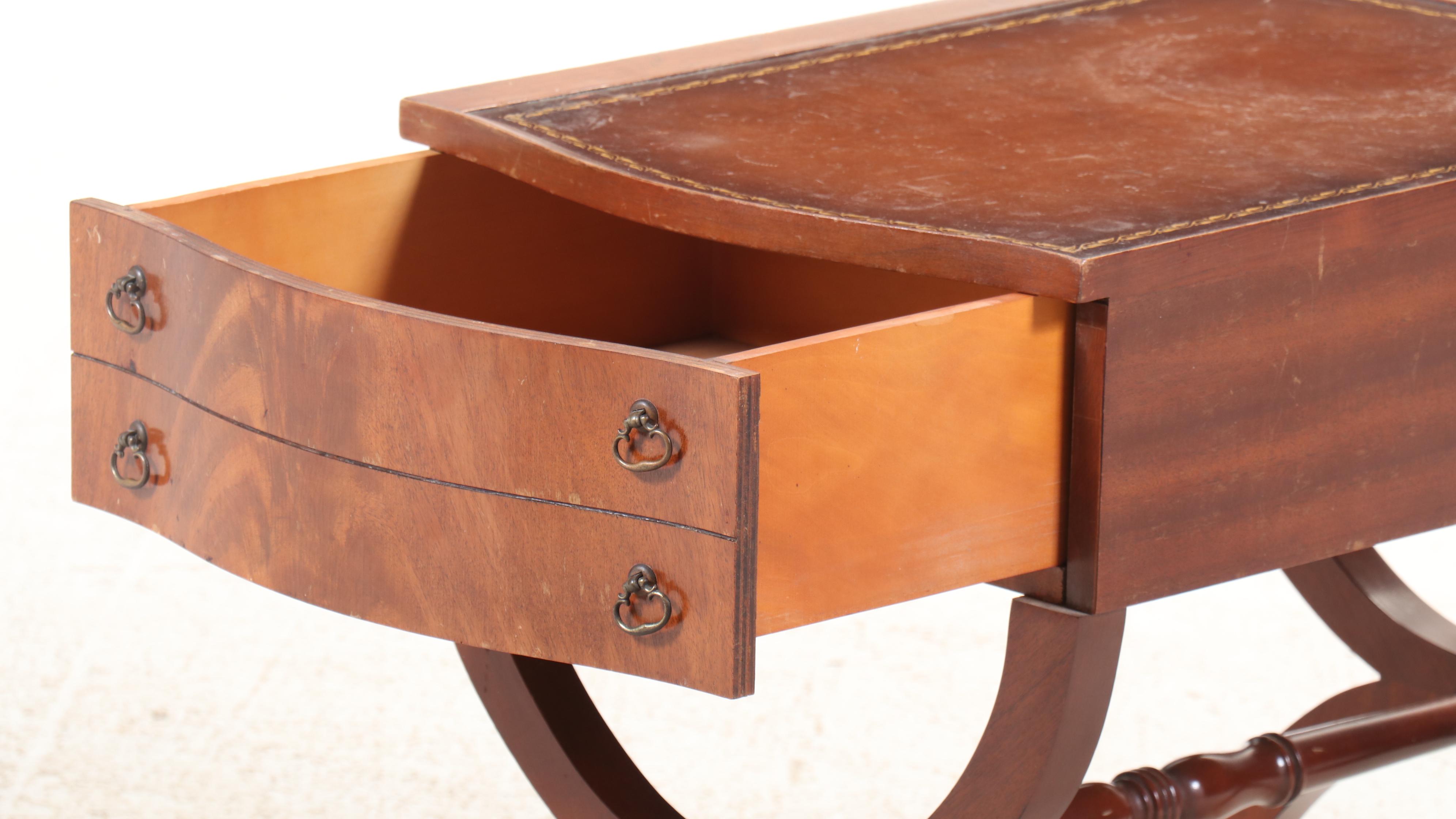 Regency Style Leather Top Mahogany Curule End Table, Mid-20th Century