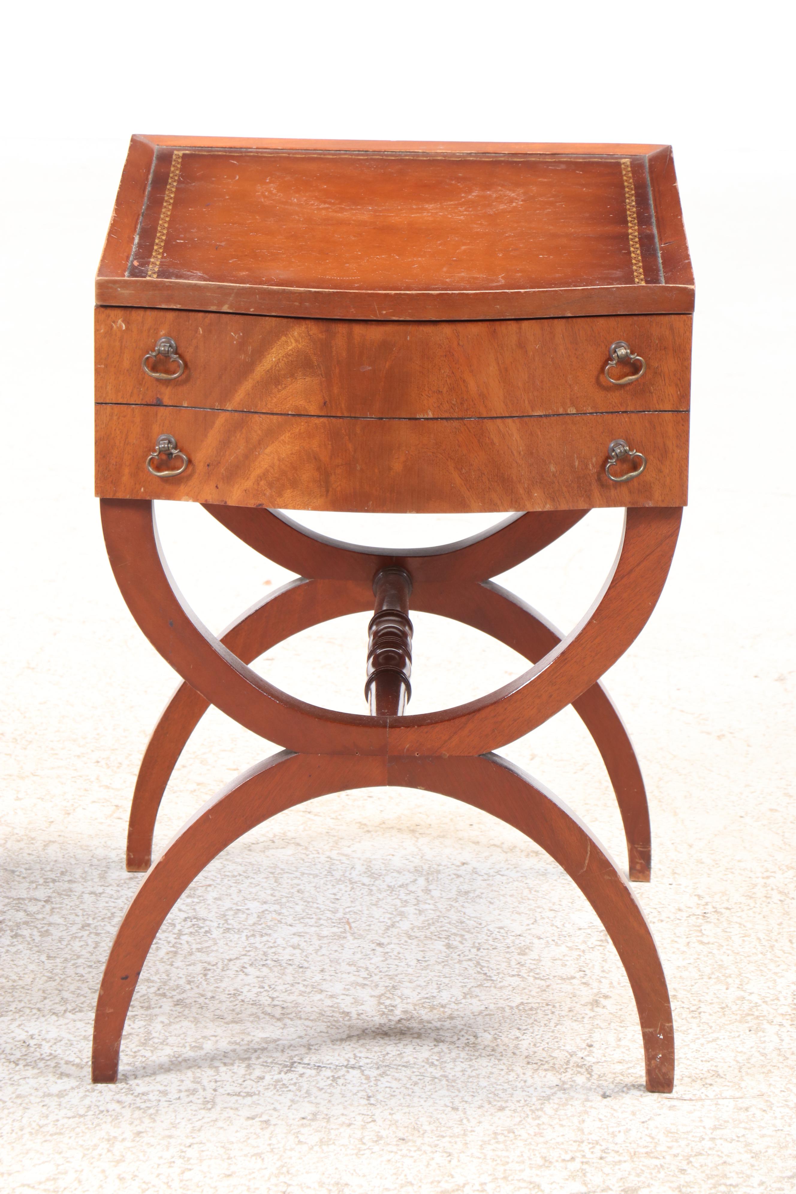 Regency Style Leather Top Mahogany Curule End Table, Mid-20th Century