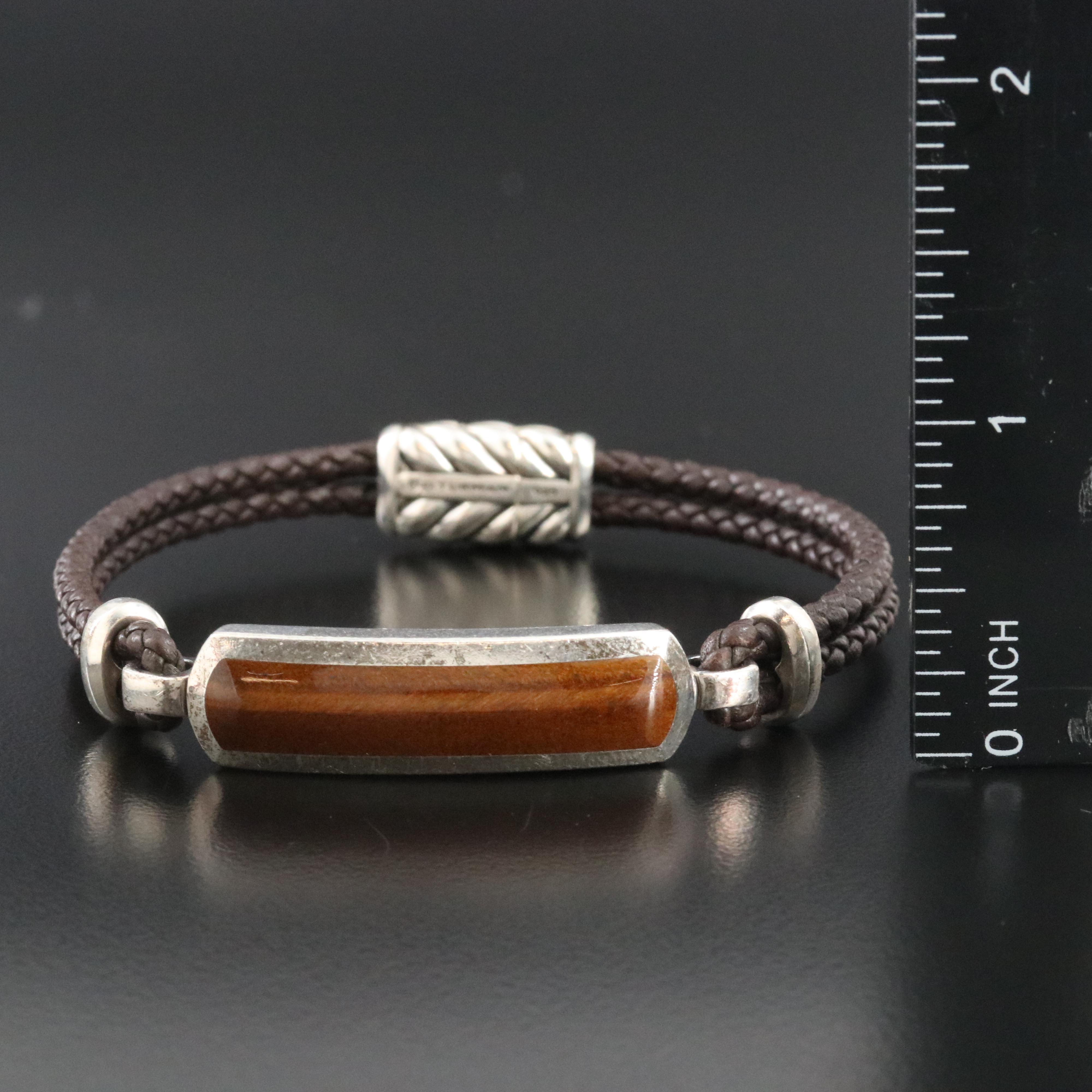David Yurman Streamline Sterling, Leather and Tiger's Eye Bar Station Bracelet
