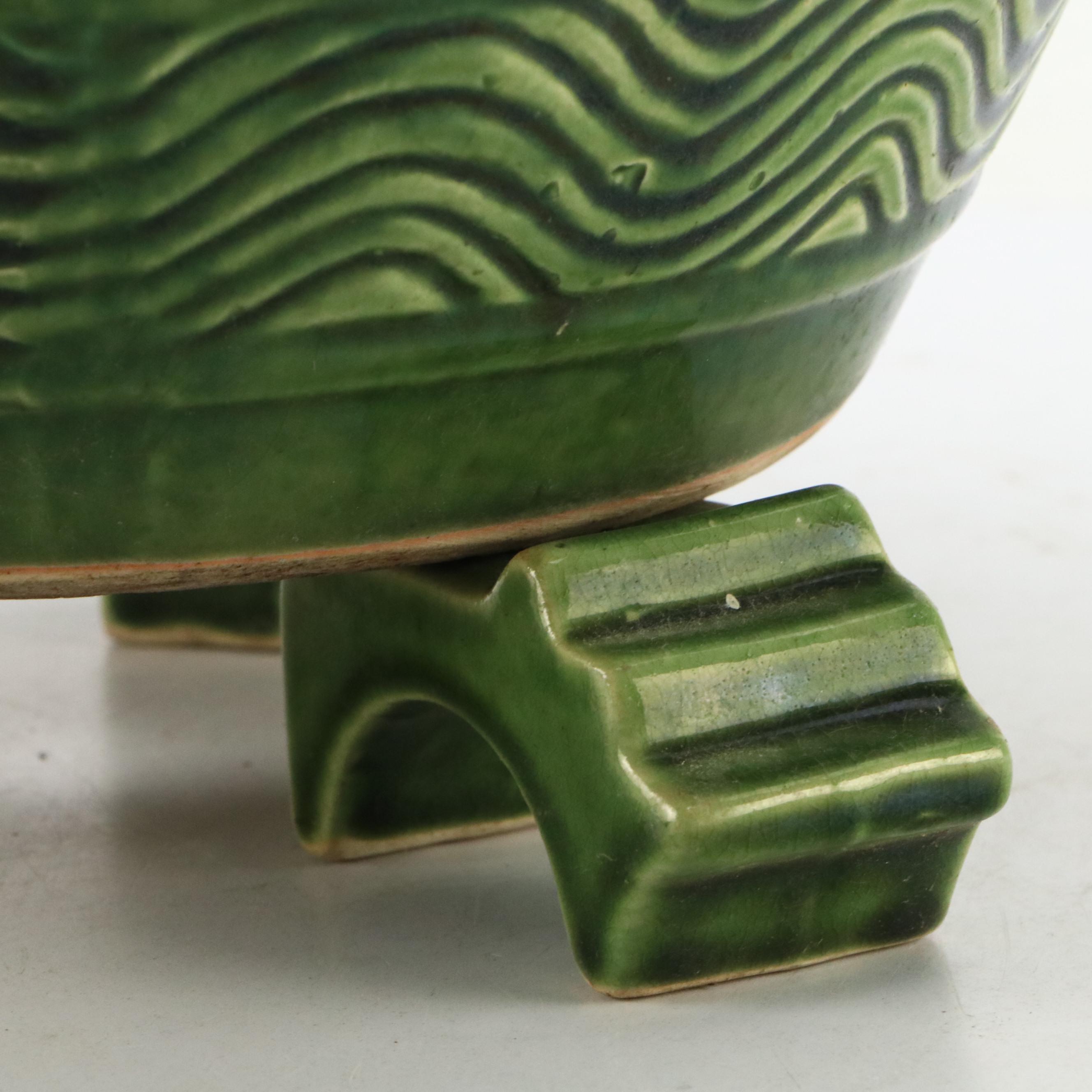 Chinese Green Jardinière with High Relief Dragons, and Three Matching Risers