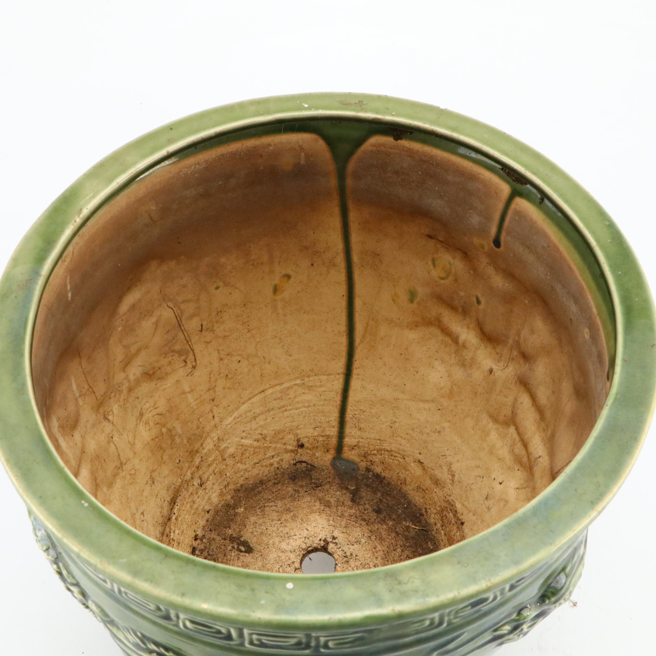 Chinese Green Jardinière with High Relief Dragons, and Three Matching Risers