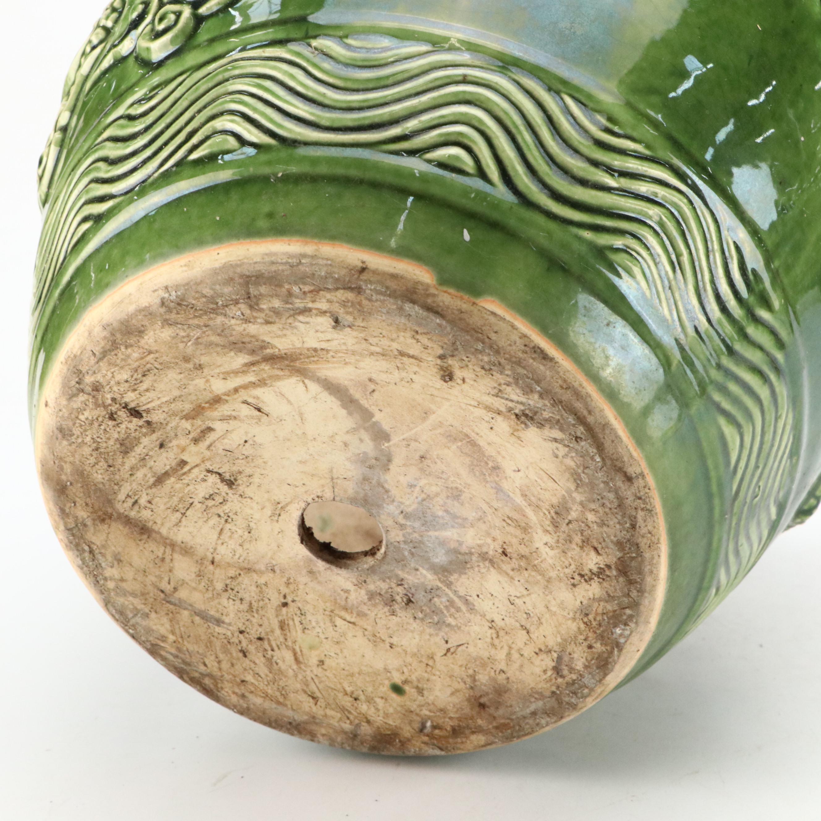 Chinese Green Jardinière with High Relief Dragons, and Three Matching Risers