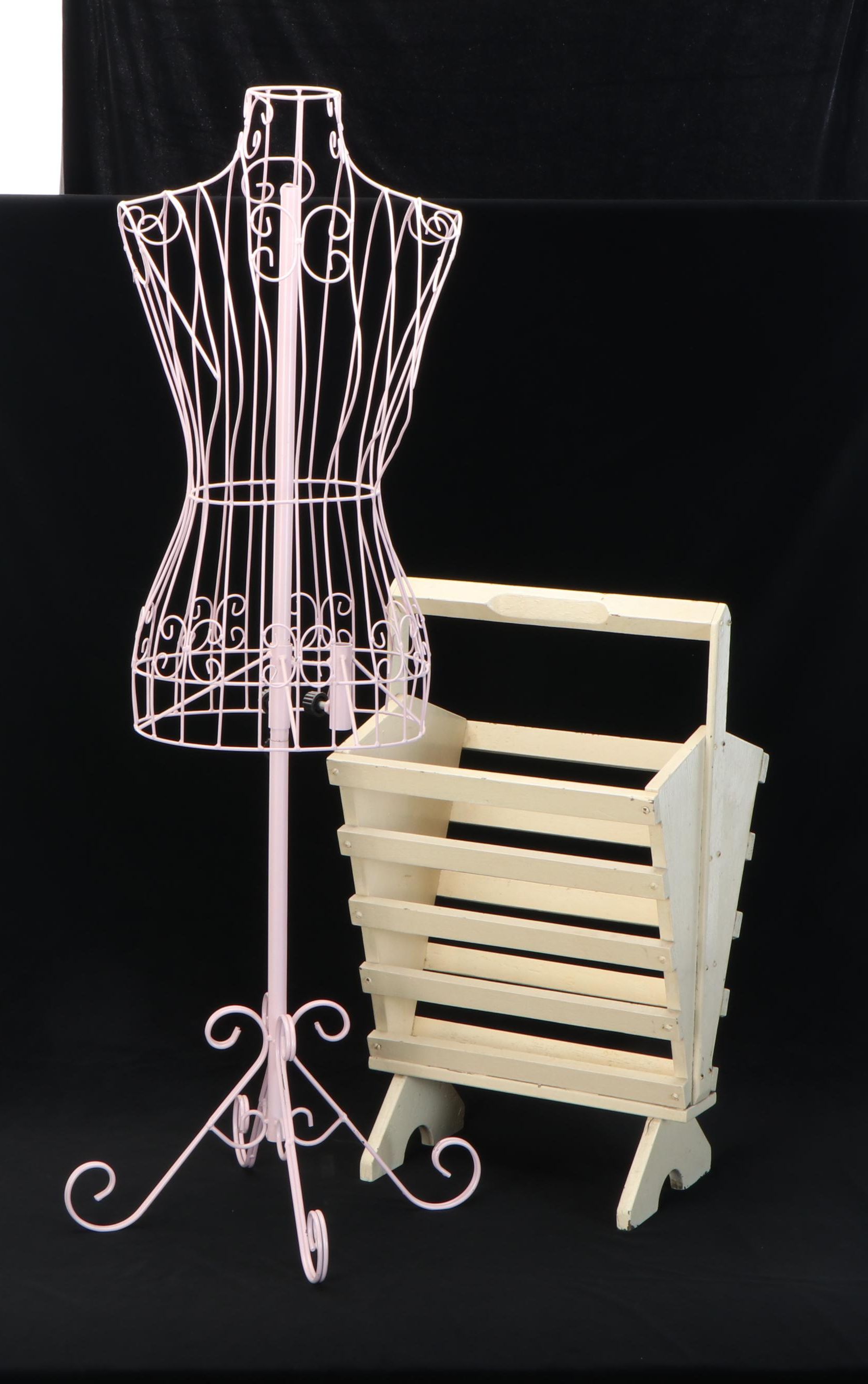 Painted Metal Dress Form Mannequin with Wood Slat Magazine Rack