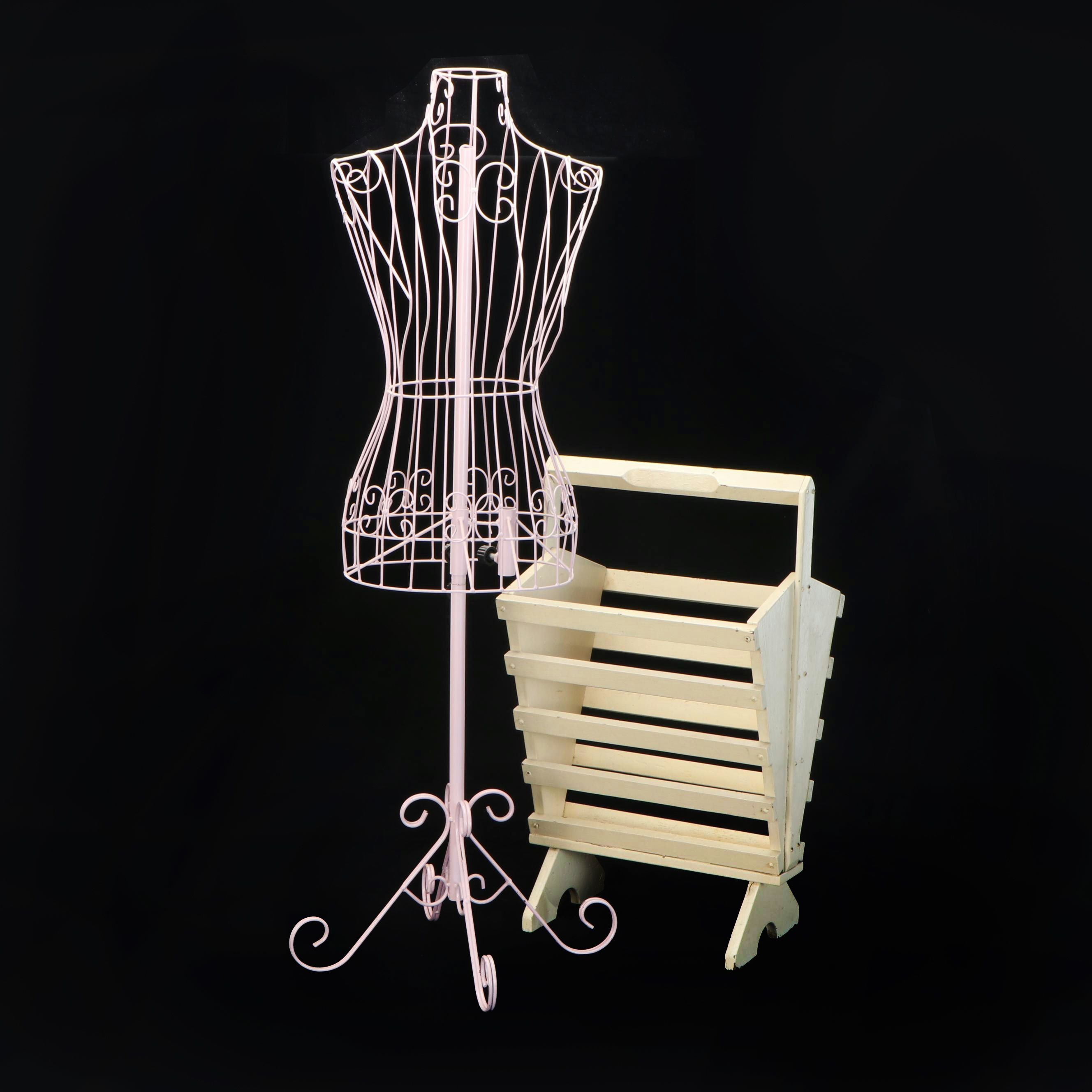 Painted Metal Dress Form Mannequin with Wood Slat Magazine Rack