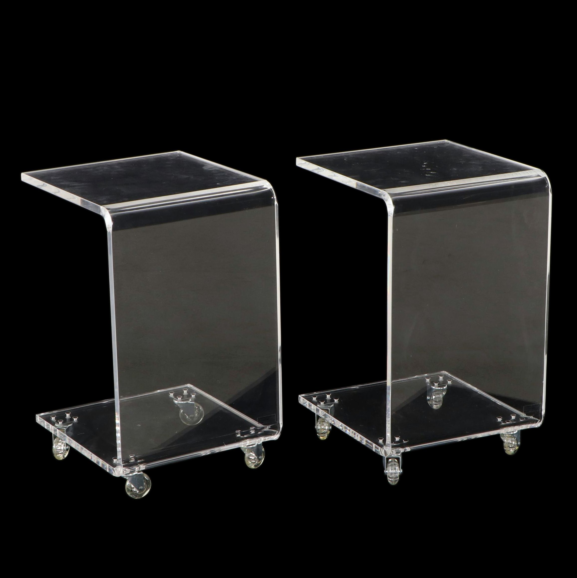 Pair of Clear Acrylic Cantilevered Side Tables on Casters