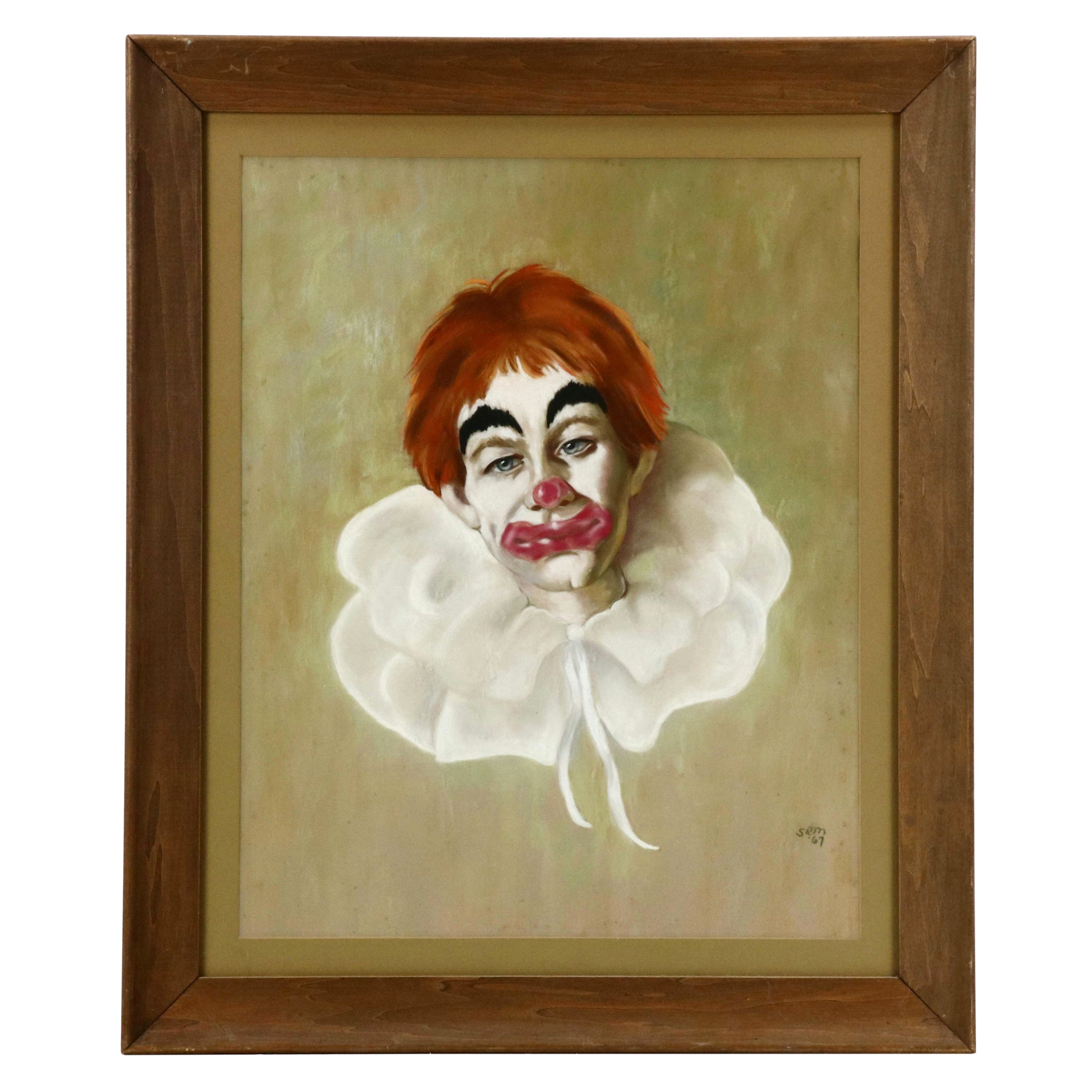 Portrait Chalk Pastel Drawing of Clown, 1967