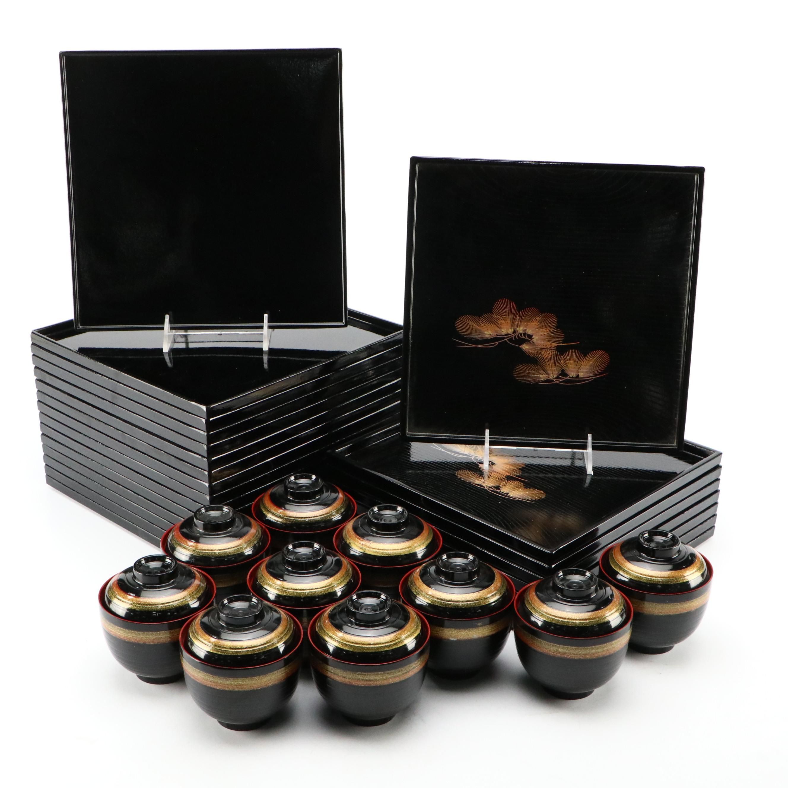 Japanese Black with Gold Pine Motif Laquerware Plates with Soup Bowls