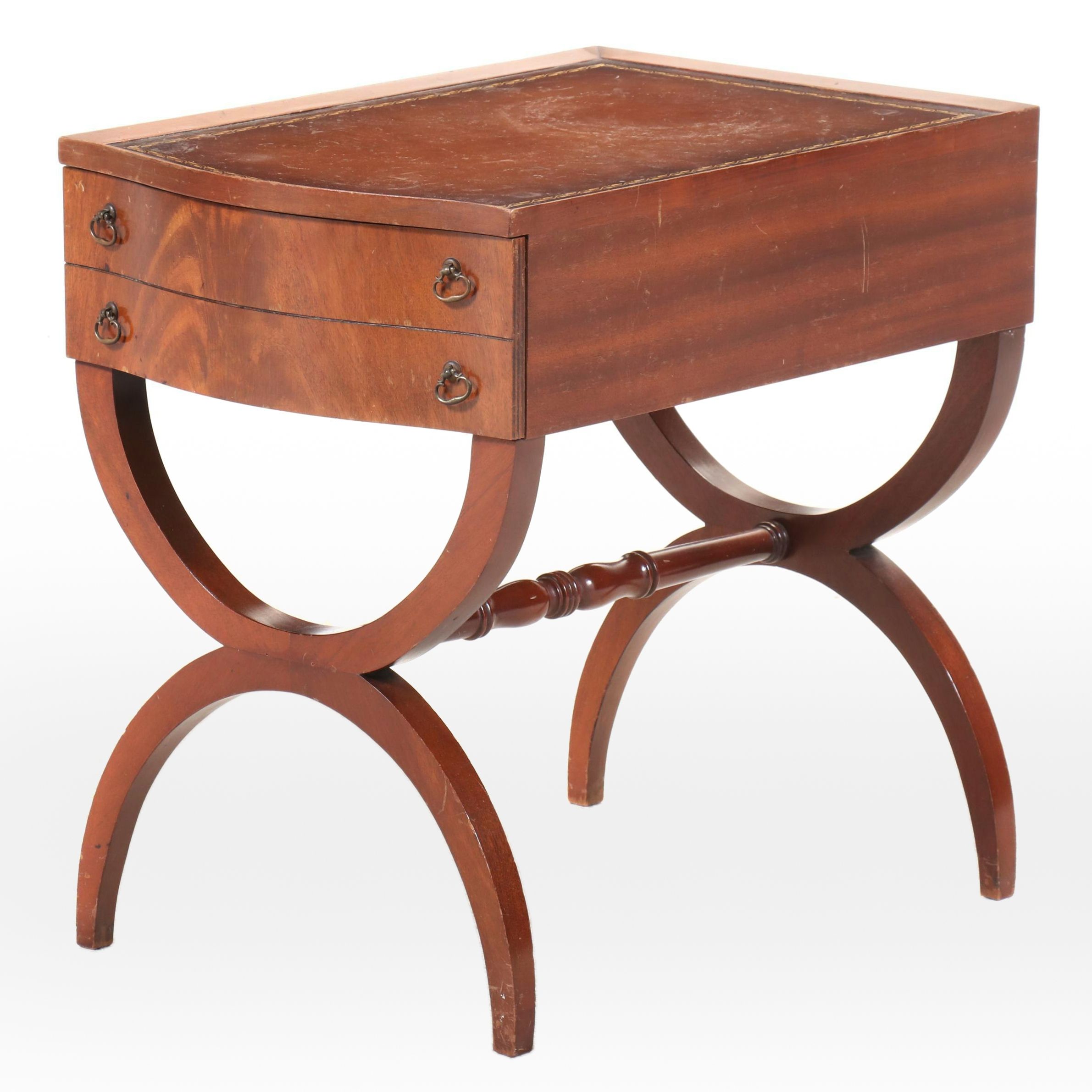 Regency Style Leather Top Mahogany Curule End Table, Mid-20th Century