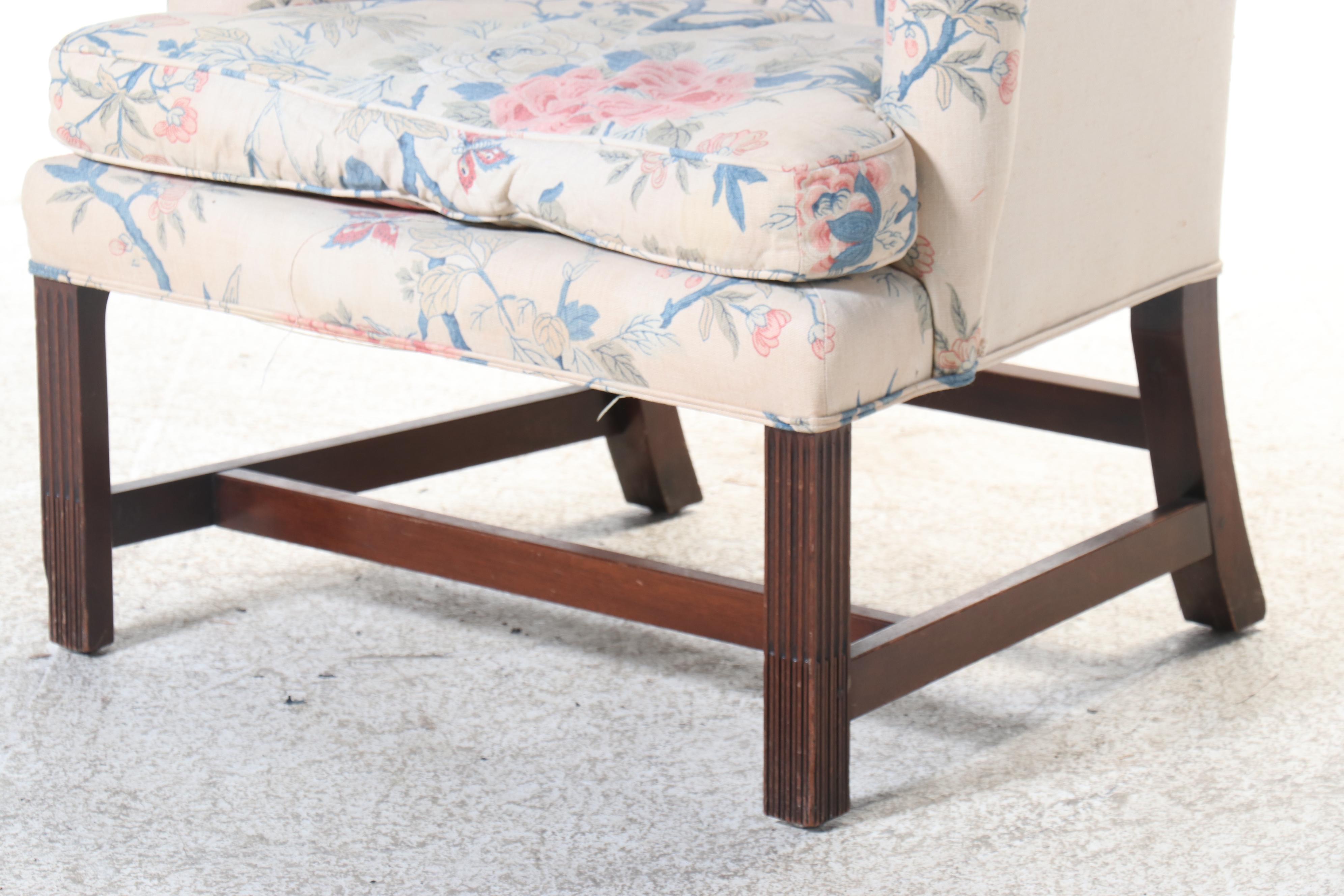 Chippendale Style Linen Upholstered Wingback Chair