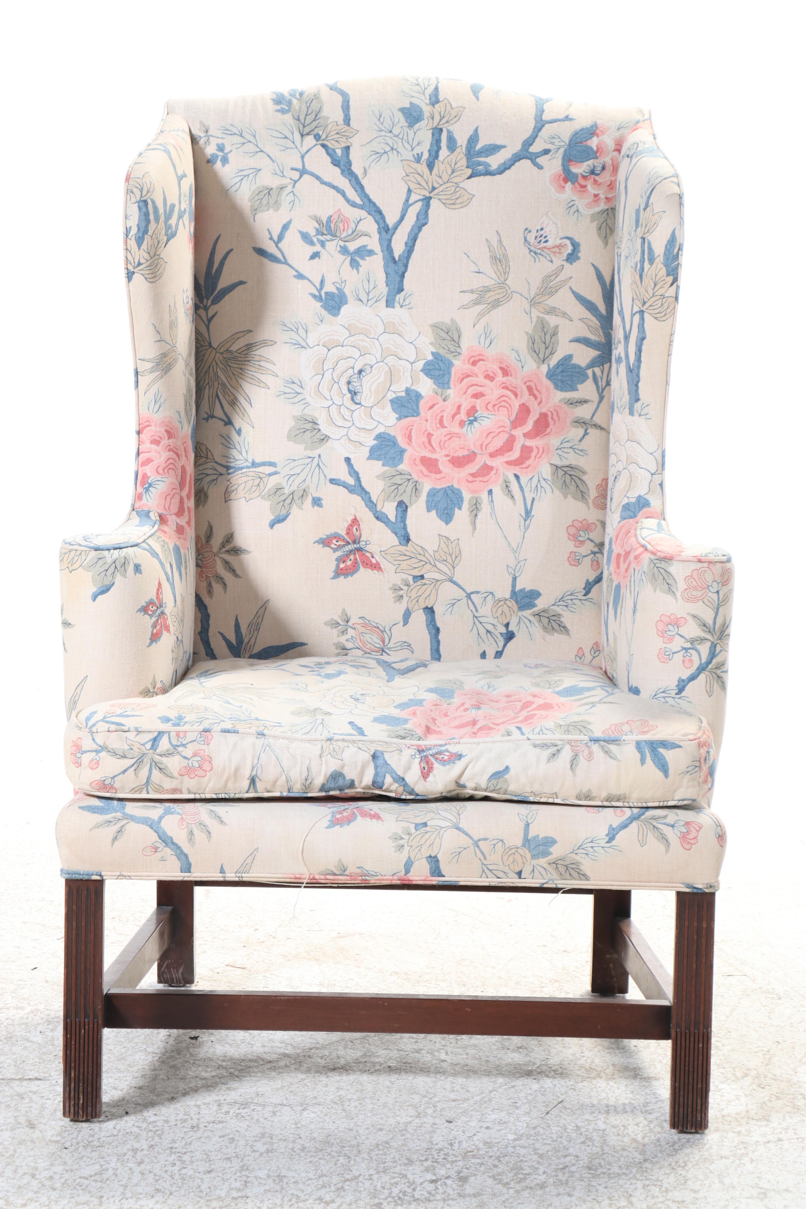 Chippendale Style Linen Upholstered Wingback Chair