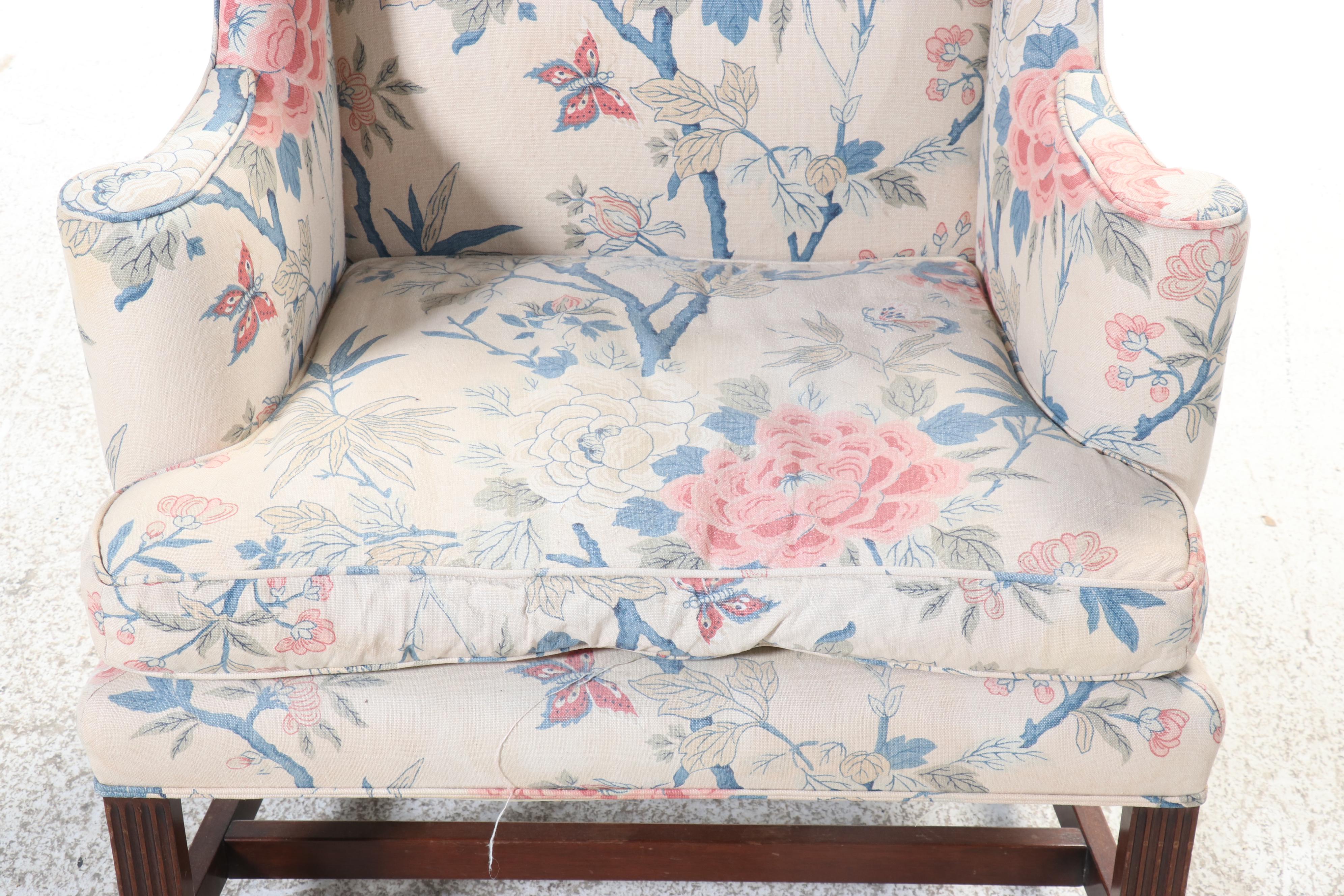 Chippendale Style Linen Upholstered Wingback Chair