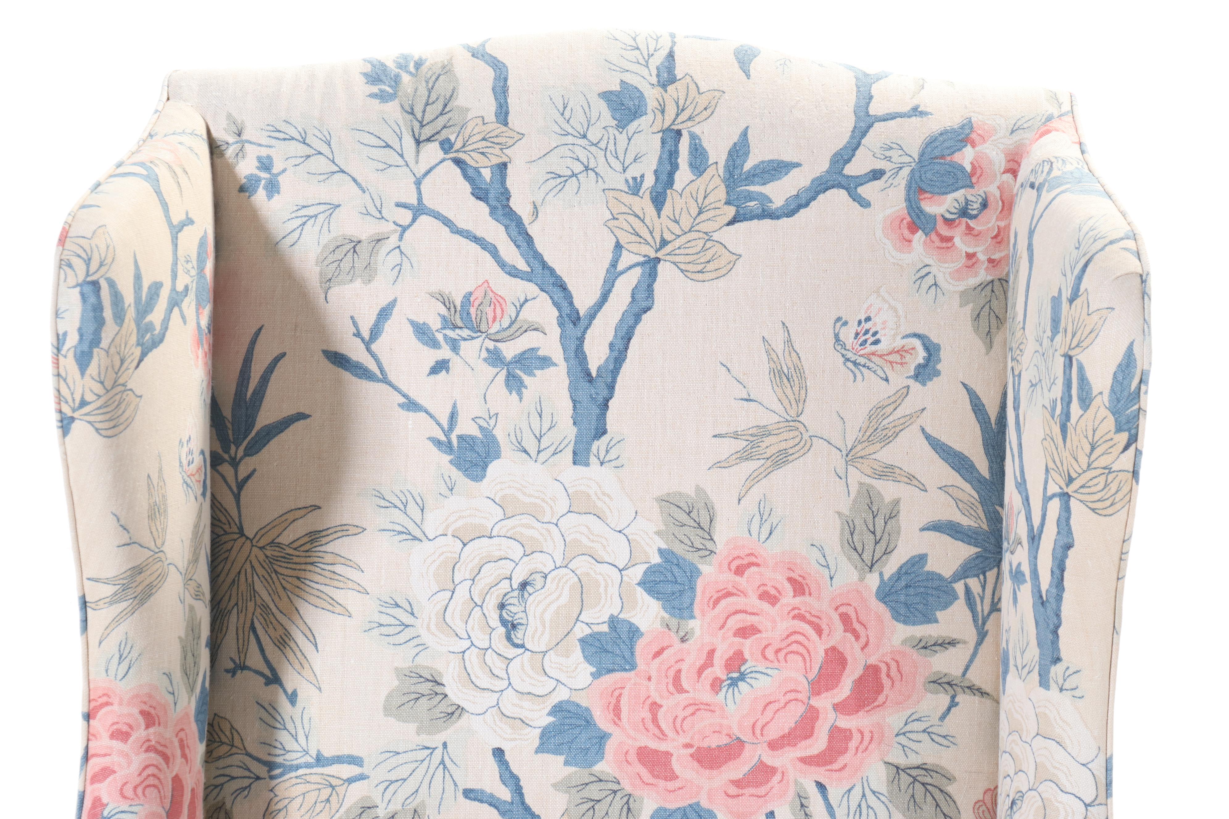 Chippendale Style Linen Upholstered Wingback Chair