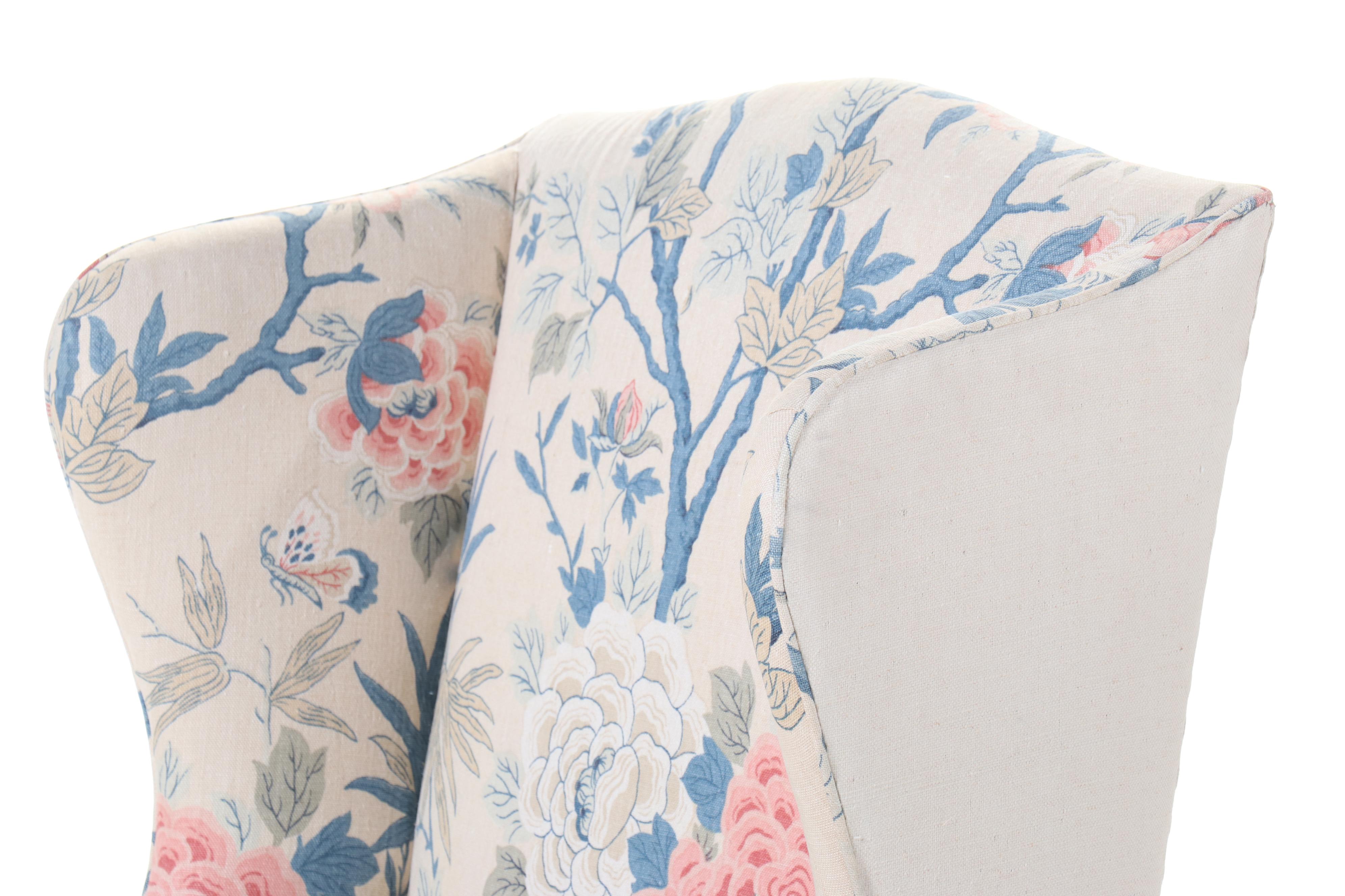 Chippendale Style Linen Upholstered Wingback Chair
