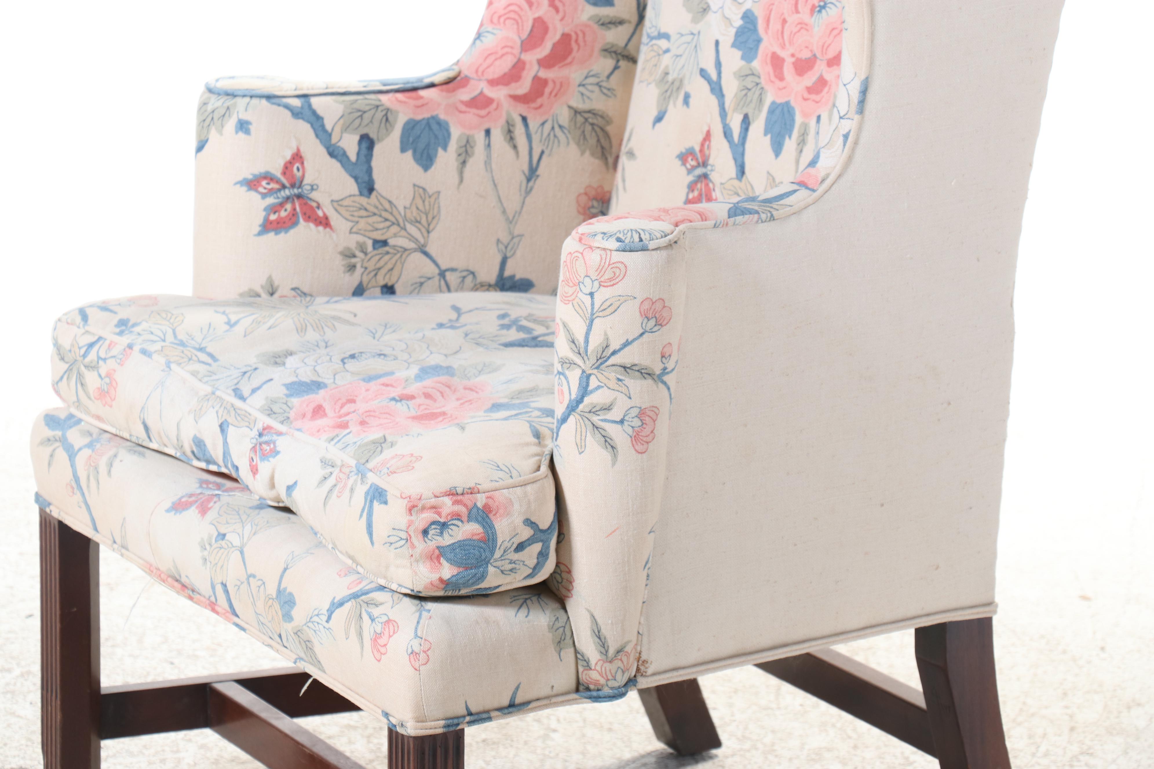 Chippendale Style Linen Upholstered Wingback Chair