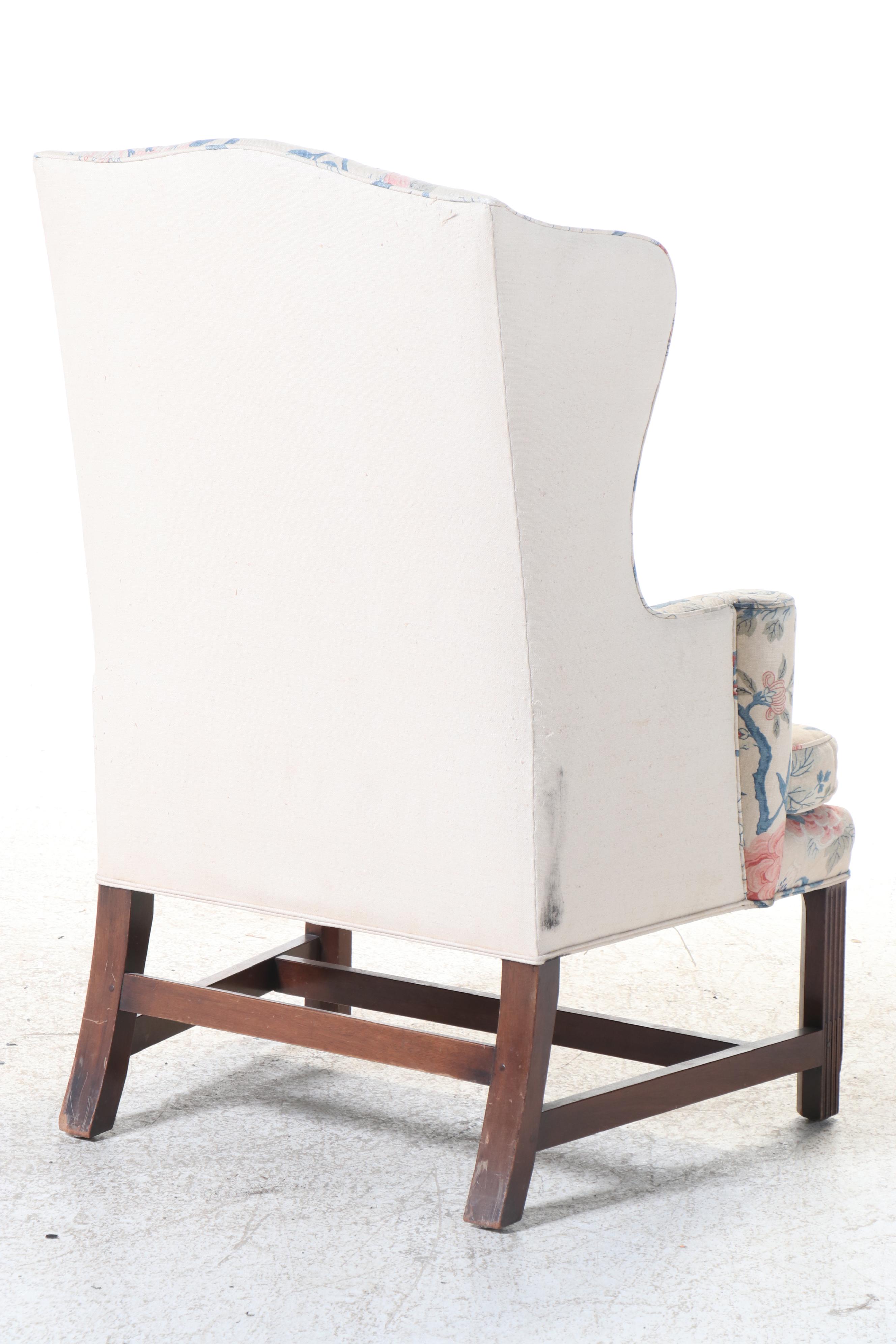 Chippendale Style Linen Upholstered Wingback Chair
