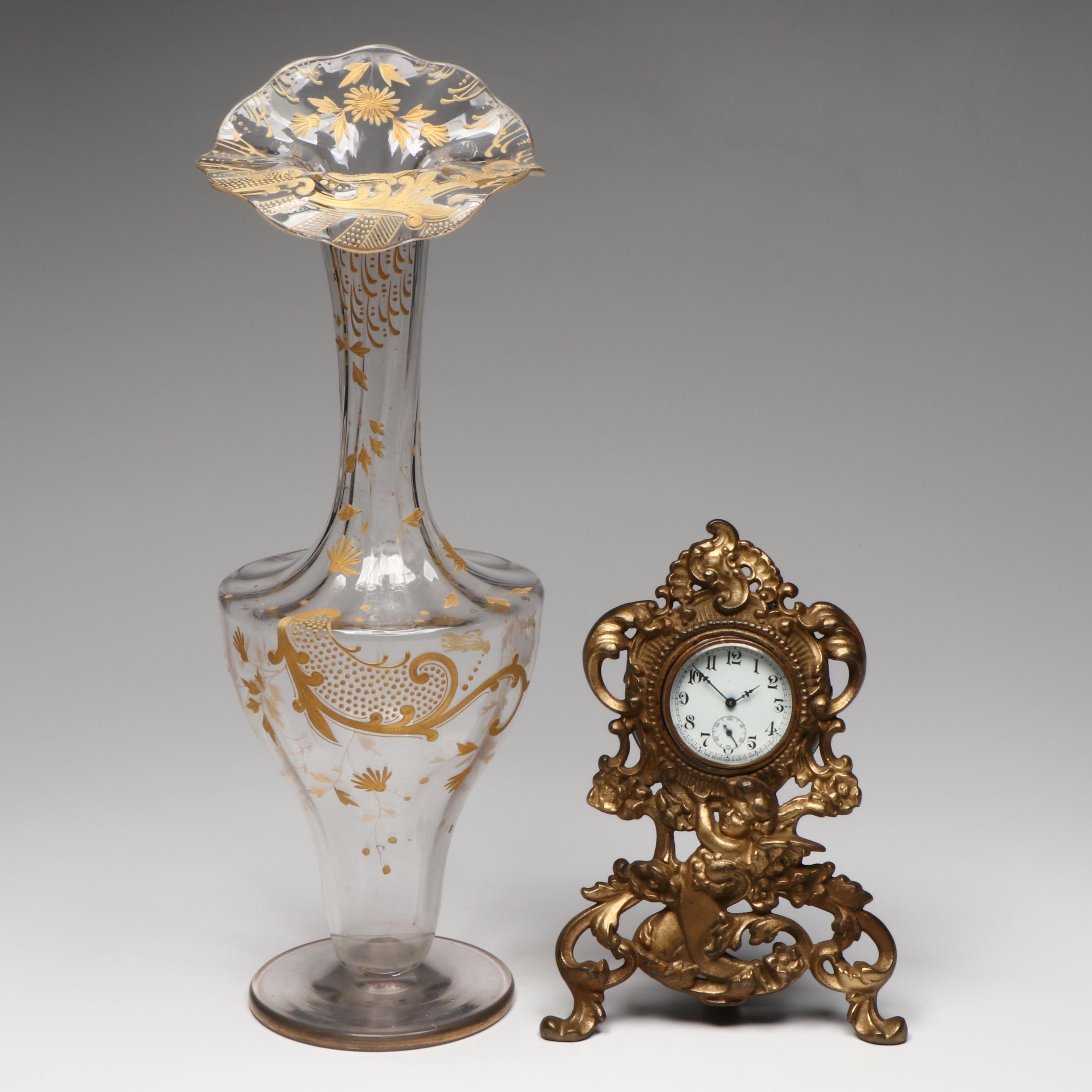Moser Style Gilt Painted Glass Vase with Rococo Style Sessions Vanity Clock