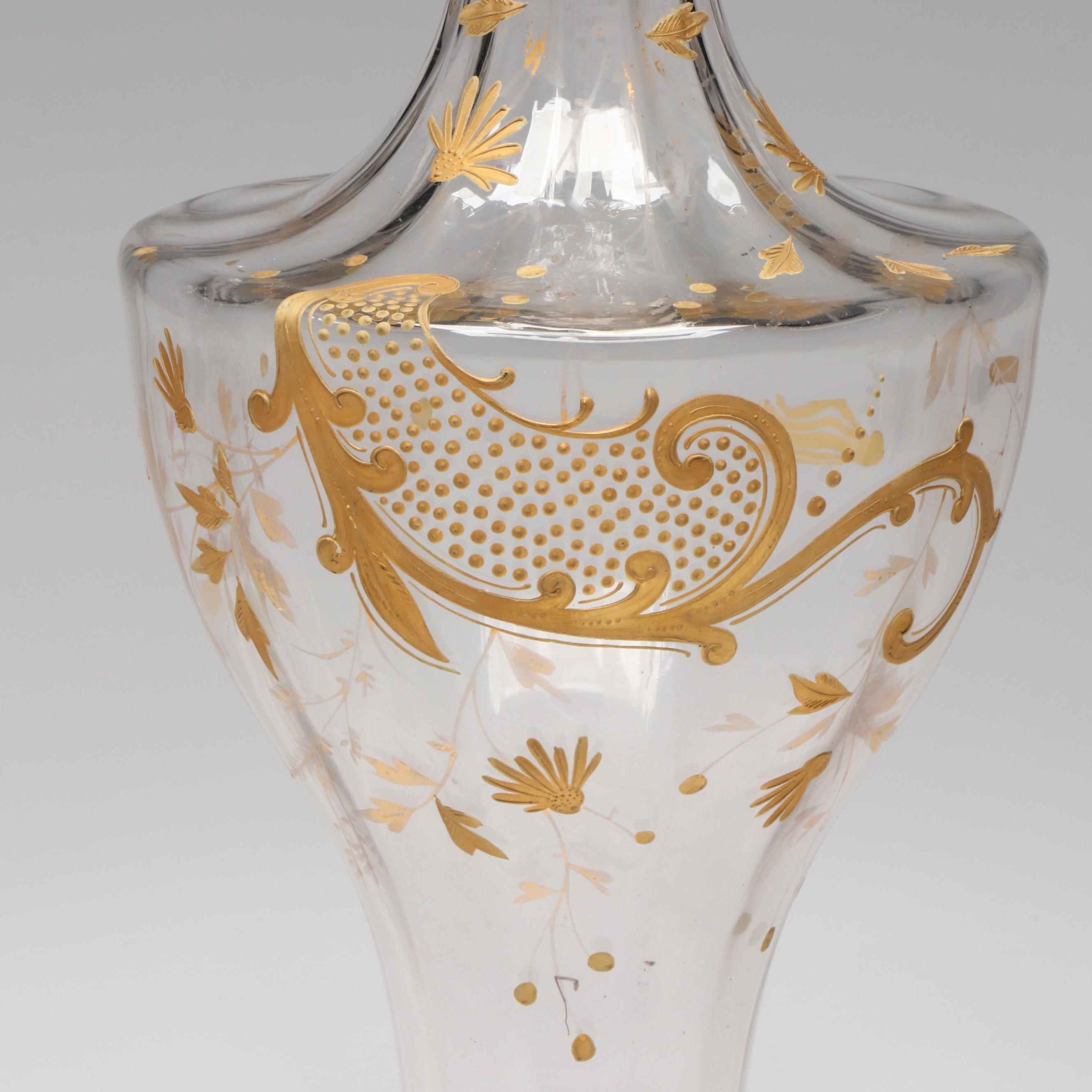 Moser Style Gilt Painted Glass Vase with Rococo Style Sessions Vanity Clock