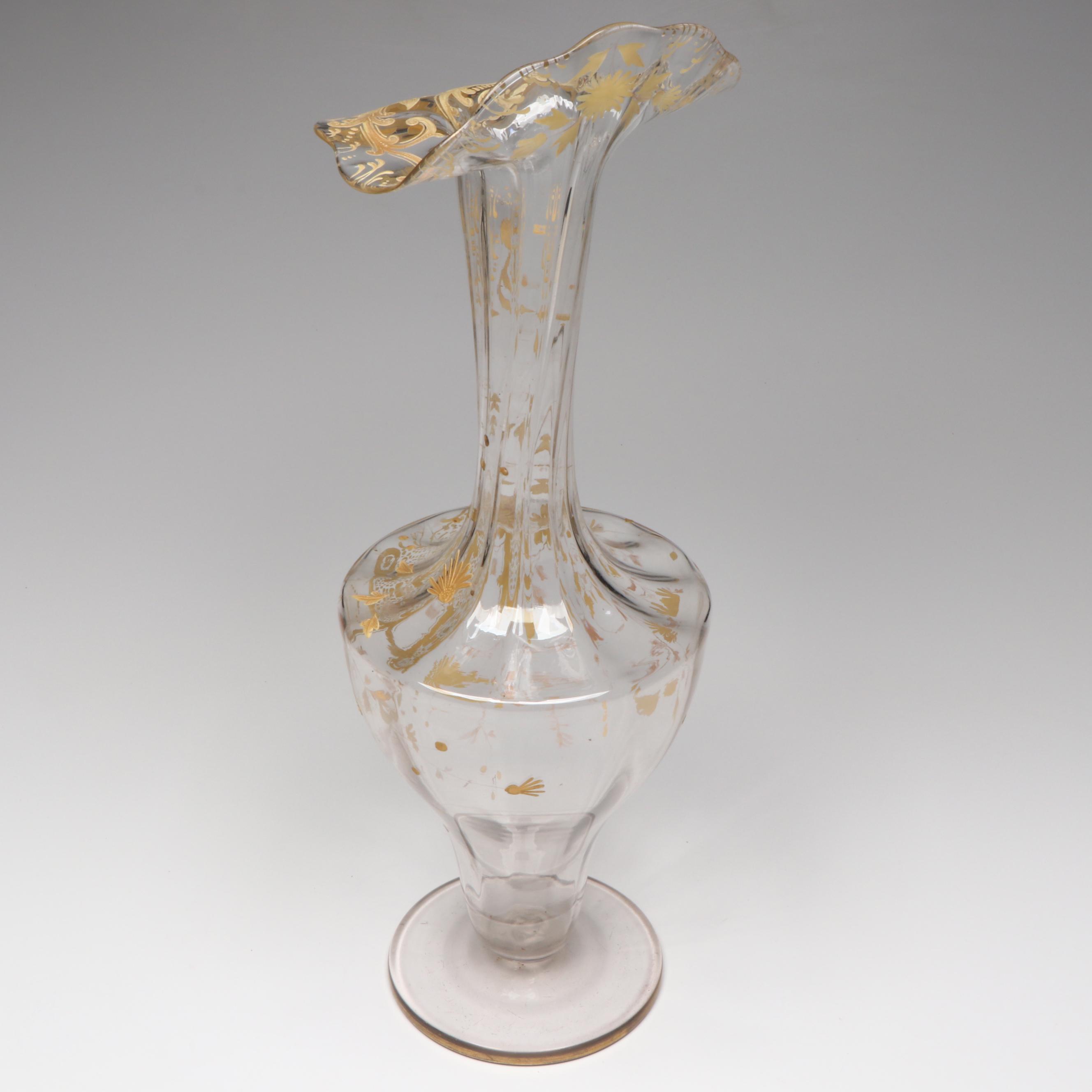 Moser Style Gilt Painted Glass Vase with Rococo Style Sessions Vanity Clock