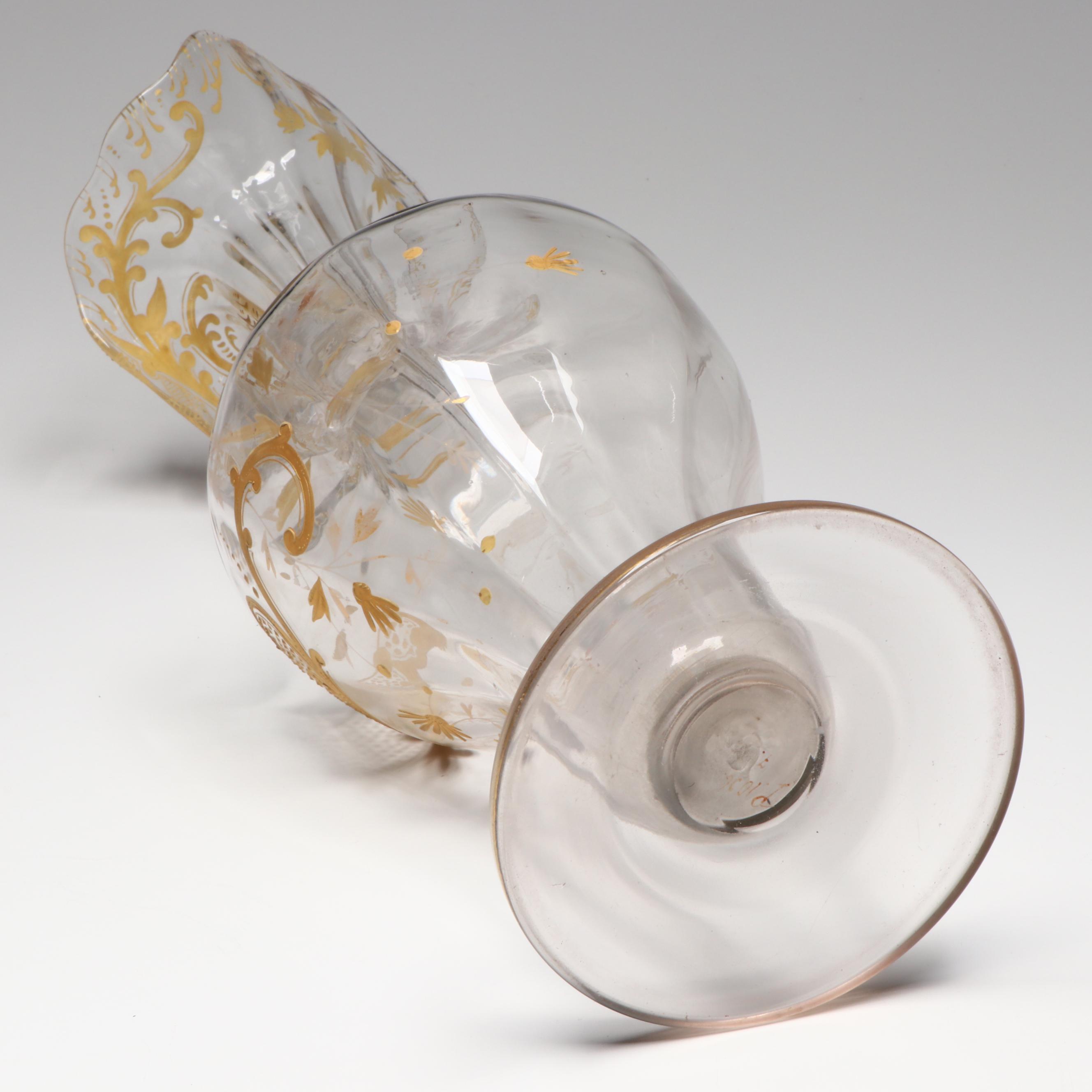 Moser Style Gilt Painted Glass Vase with Rococo Style Sessions Vanity Clock