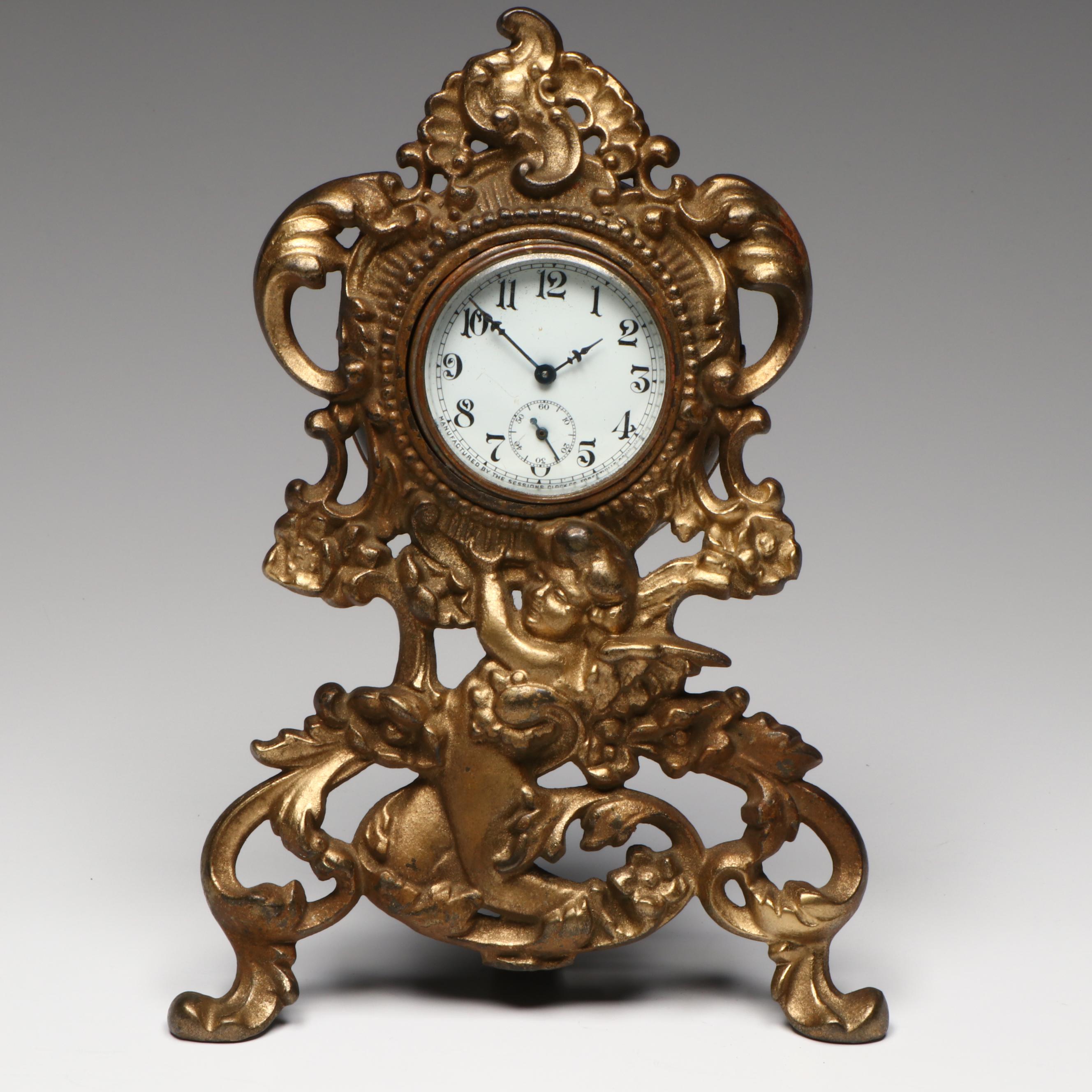 Moser Style Gilt Painted Glass Vase with Rococo Style Sessions Vanity Clock