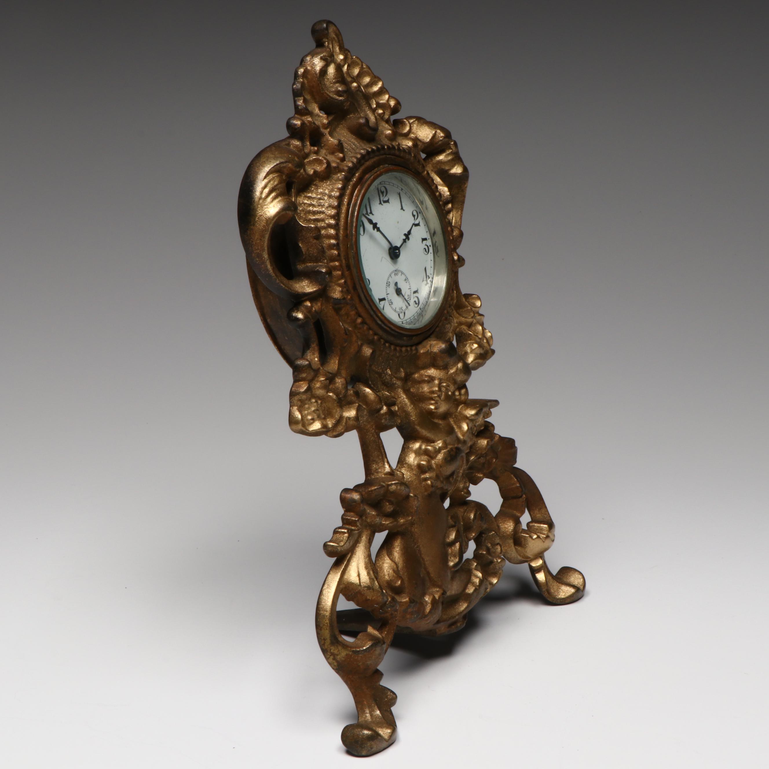 Moser Style Gilt Painted Glass Vase with Rococo Style Sessions Vanity Clock