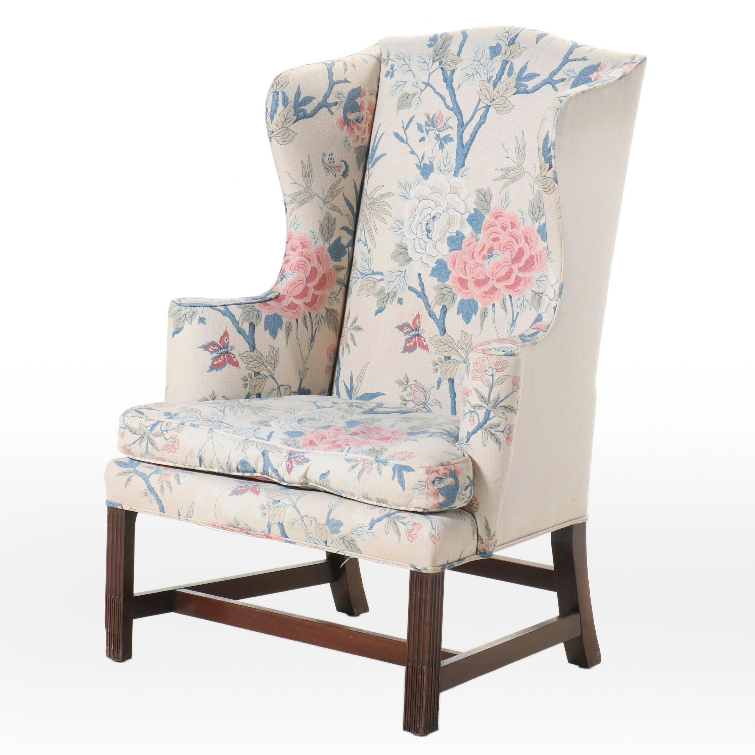 Chippendale Style Linen Upholstered Wingback Chair
