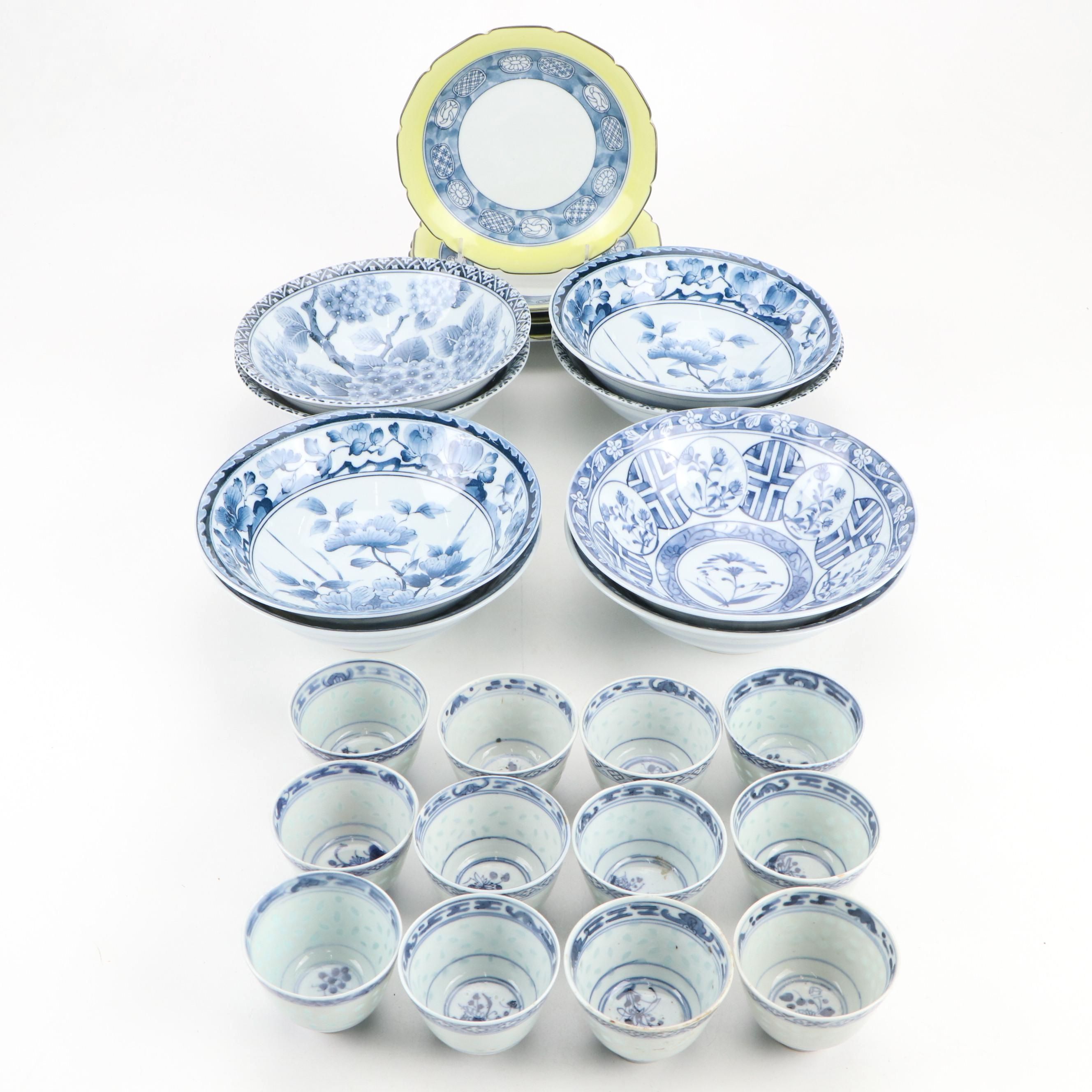 Japanese Porcelain Arita Bowls with Chinese Plates and Rice Grain Cups