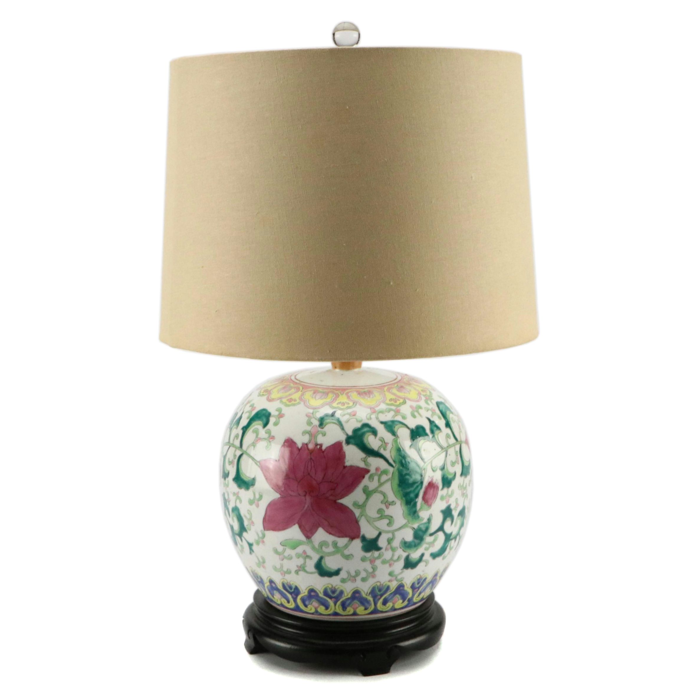 Chinese Famille Rose Melon Jar Table Lamp with Slubbed Cotton Drum Shade