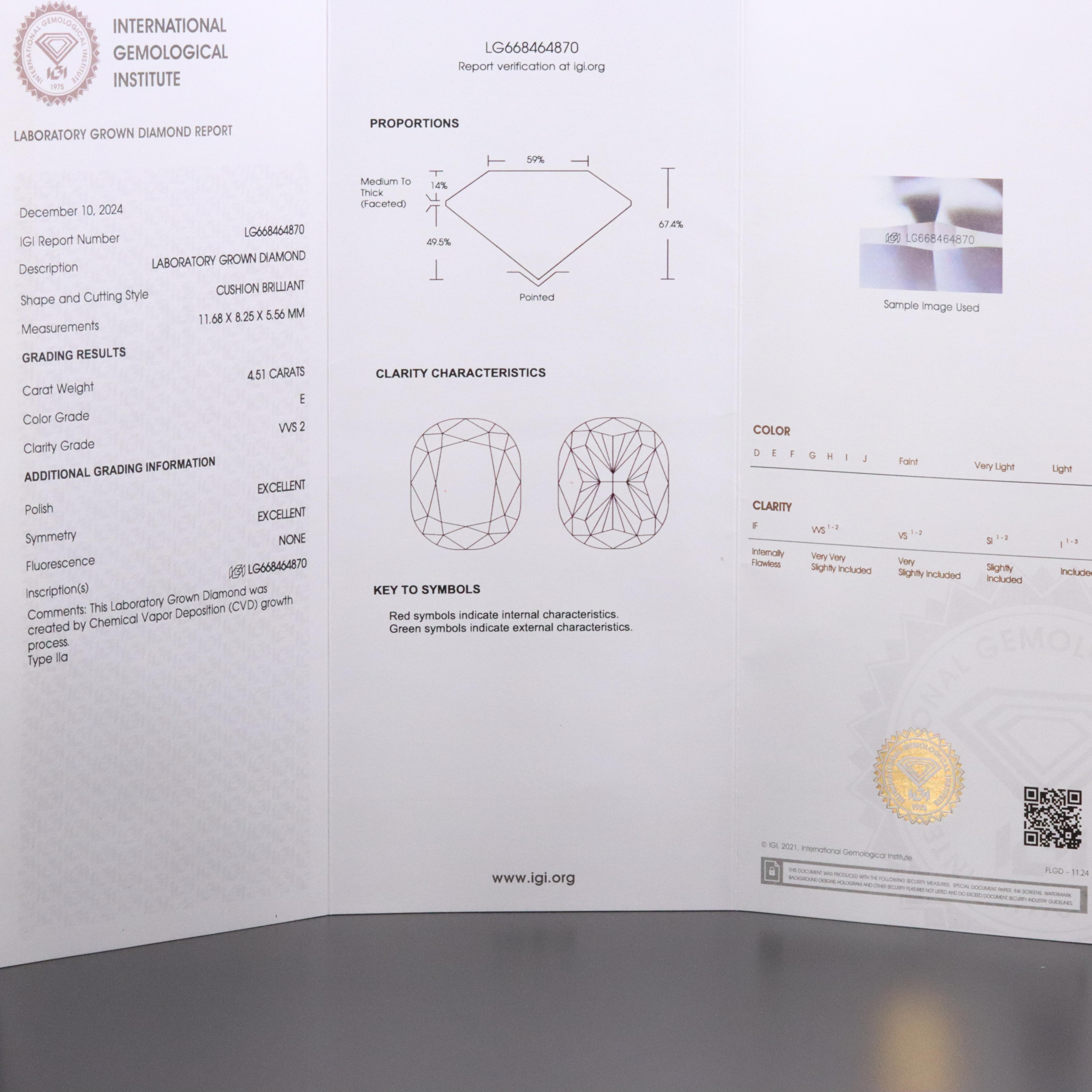 Platinum 4.51 CT Lab Grown Diamond Solitaire Ring with IGI Report