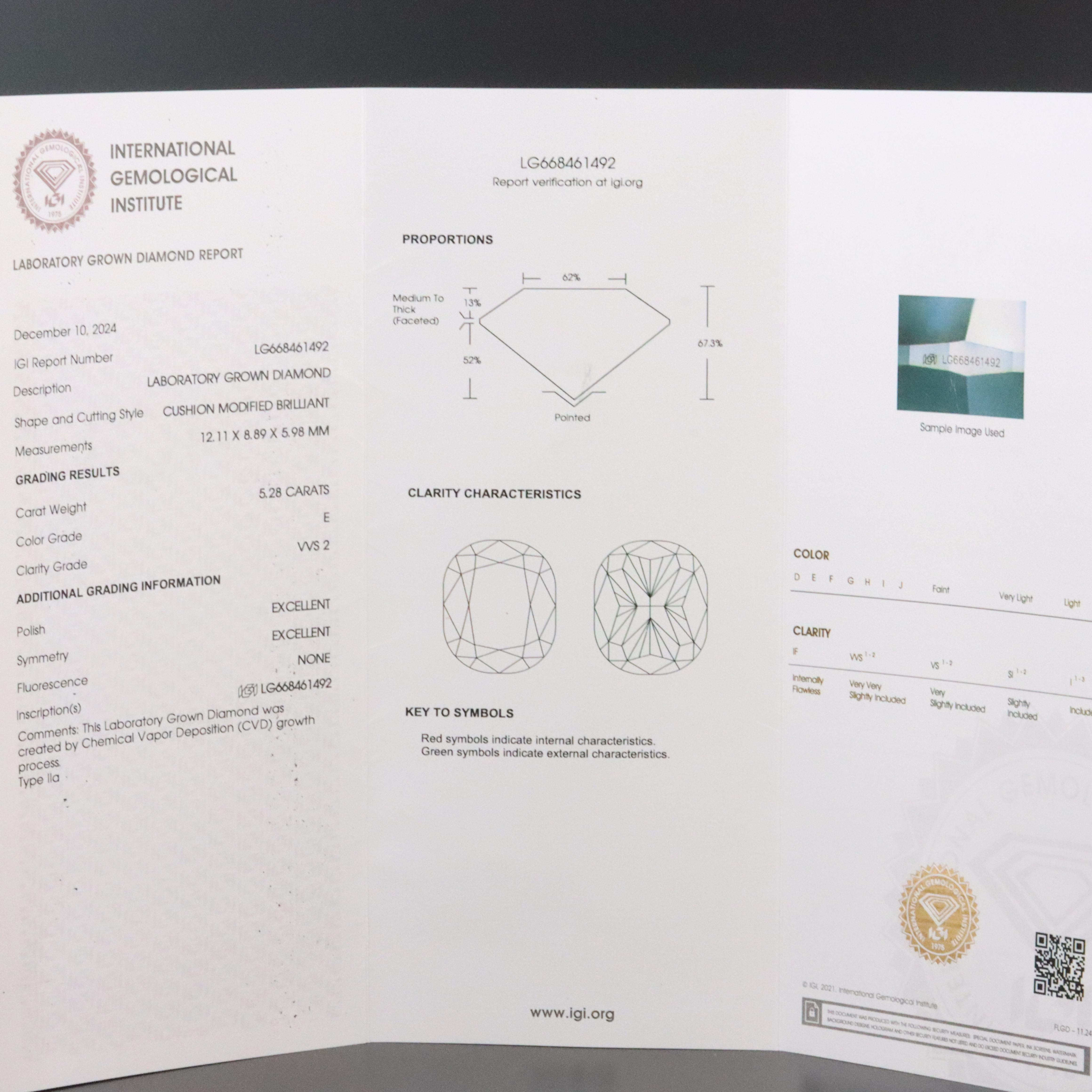 Platinum 5.28 CT Lab Grown Diamond Solitaire Ring with IGI Report