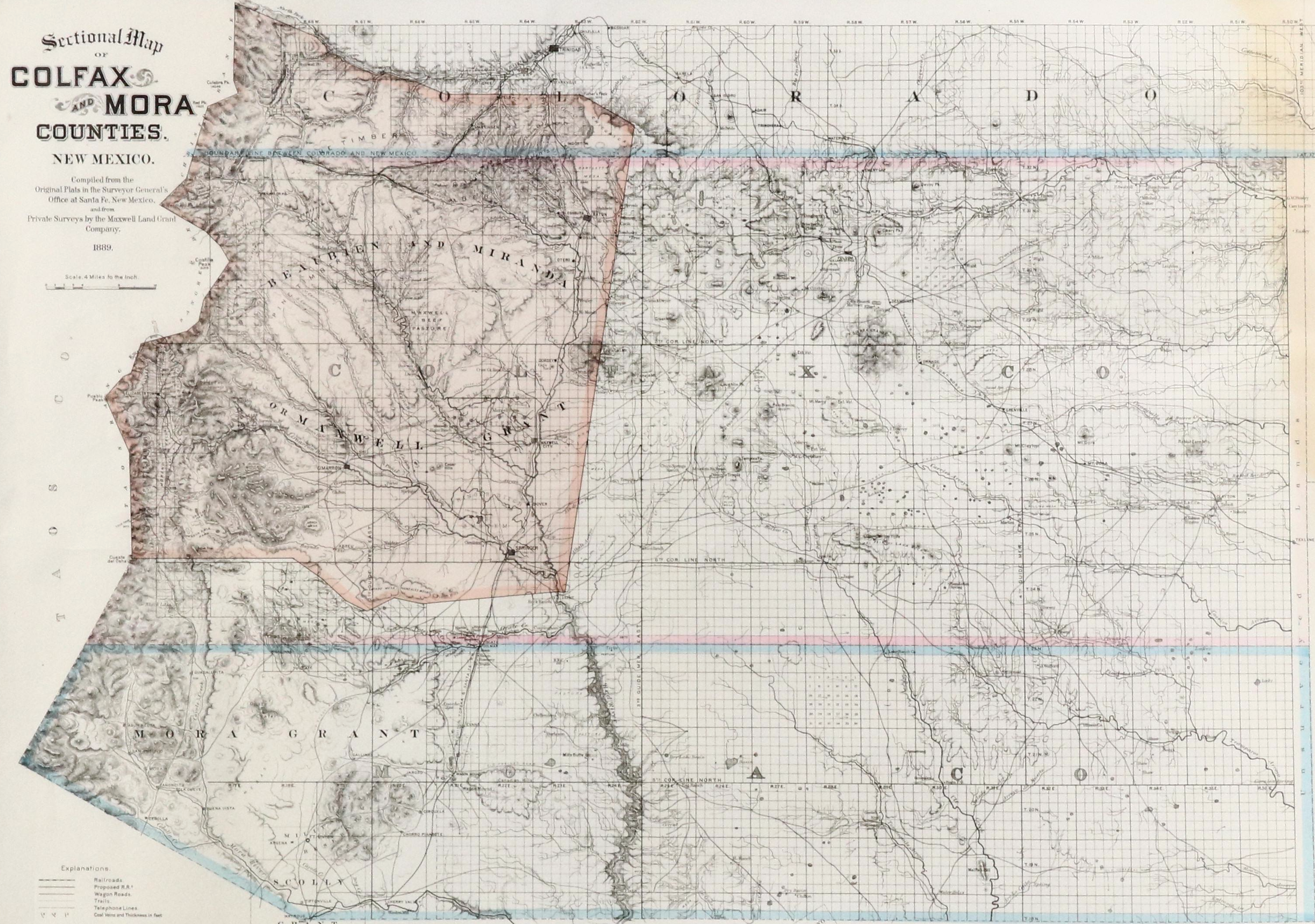 Hand-Colored Map "Sectional Map of Colfax and Mora Counties, New Mexico," 1889