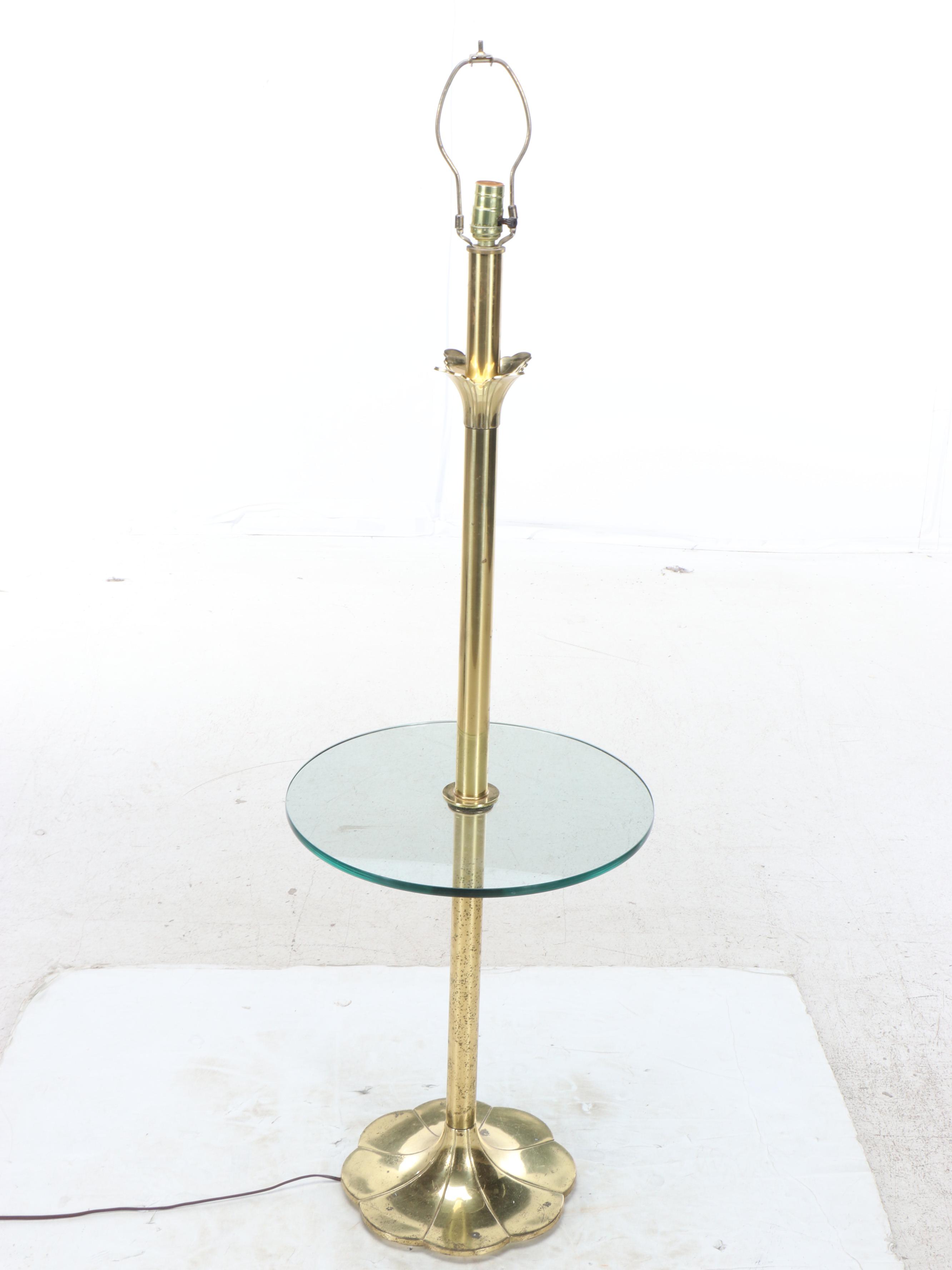 Stiffel Lotus Form Brass and Glass Table Floor Lamp with Pleated Coolie Shade