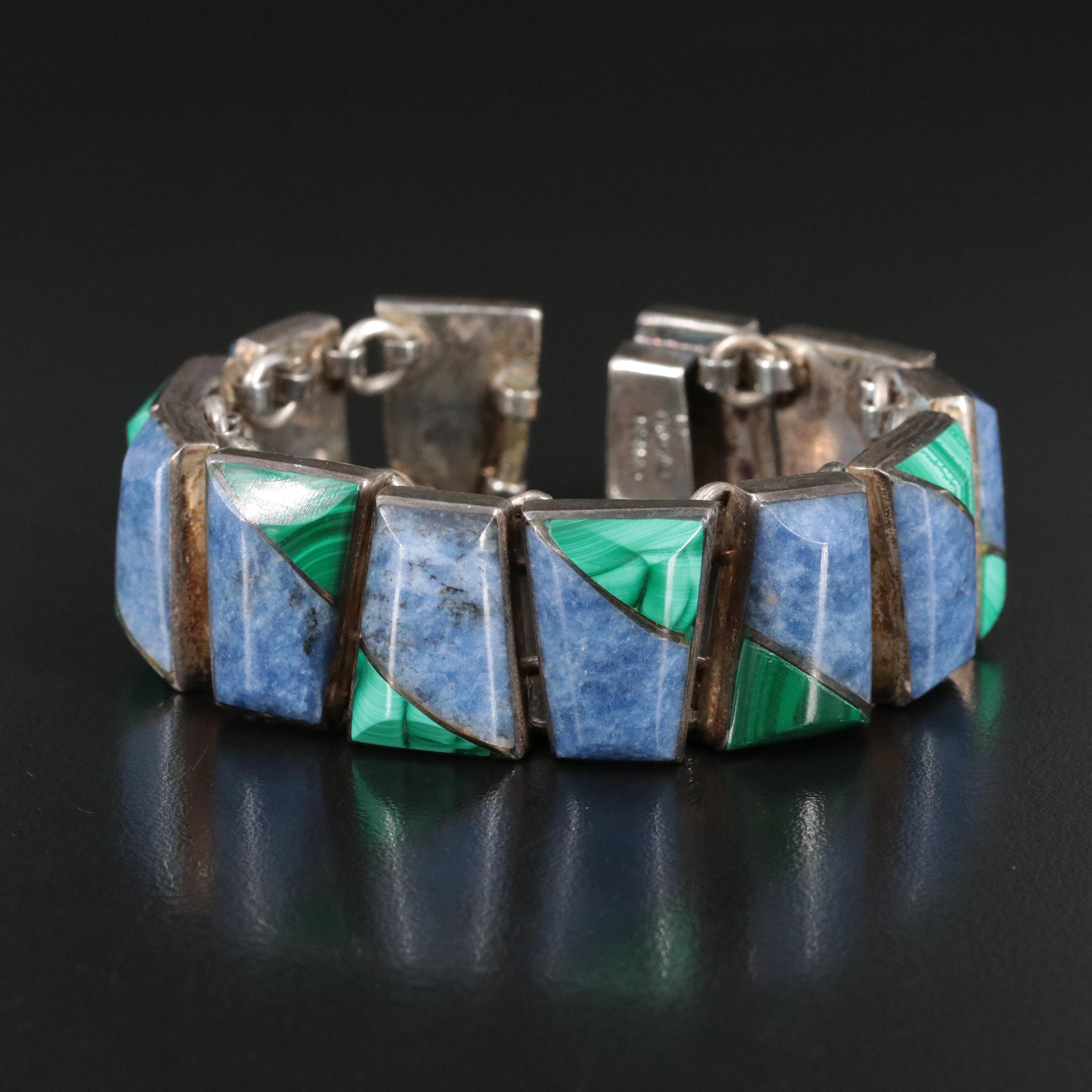 Mexican Sterling Malachite and Quartzite Bracelet