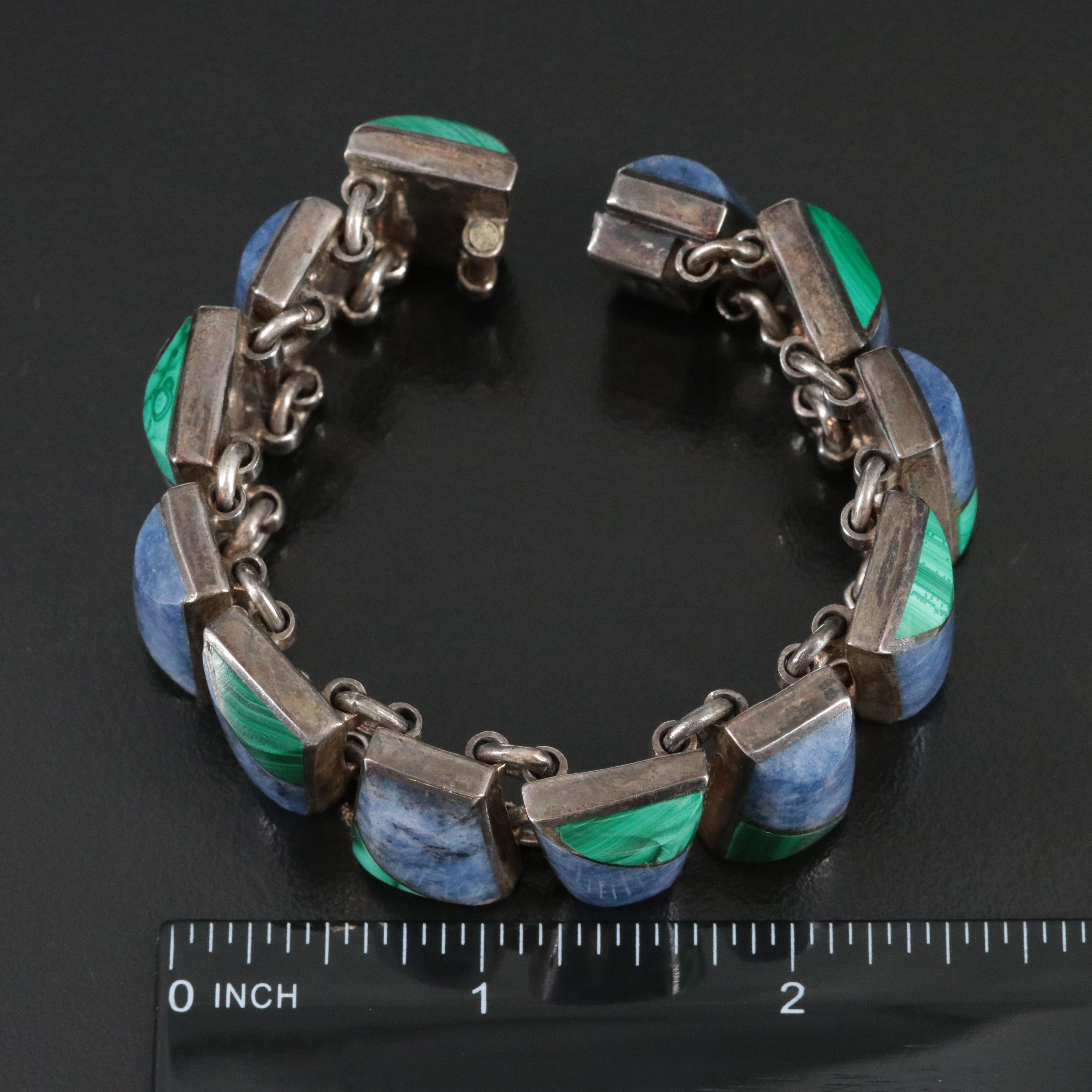 Mexican Sterling Malachite and Quartzite Bracelet
