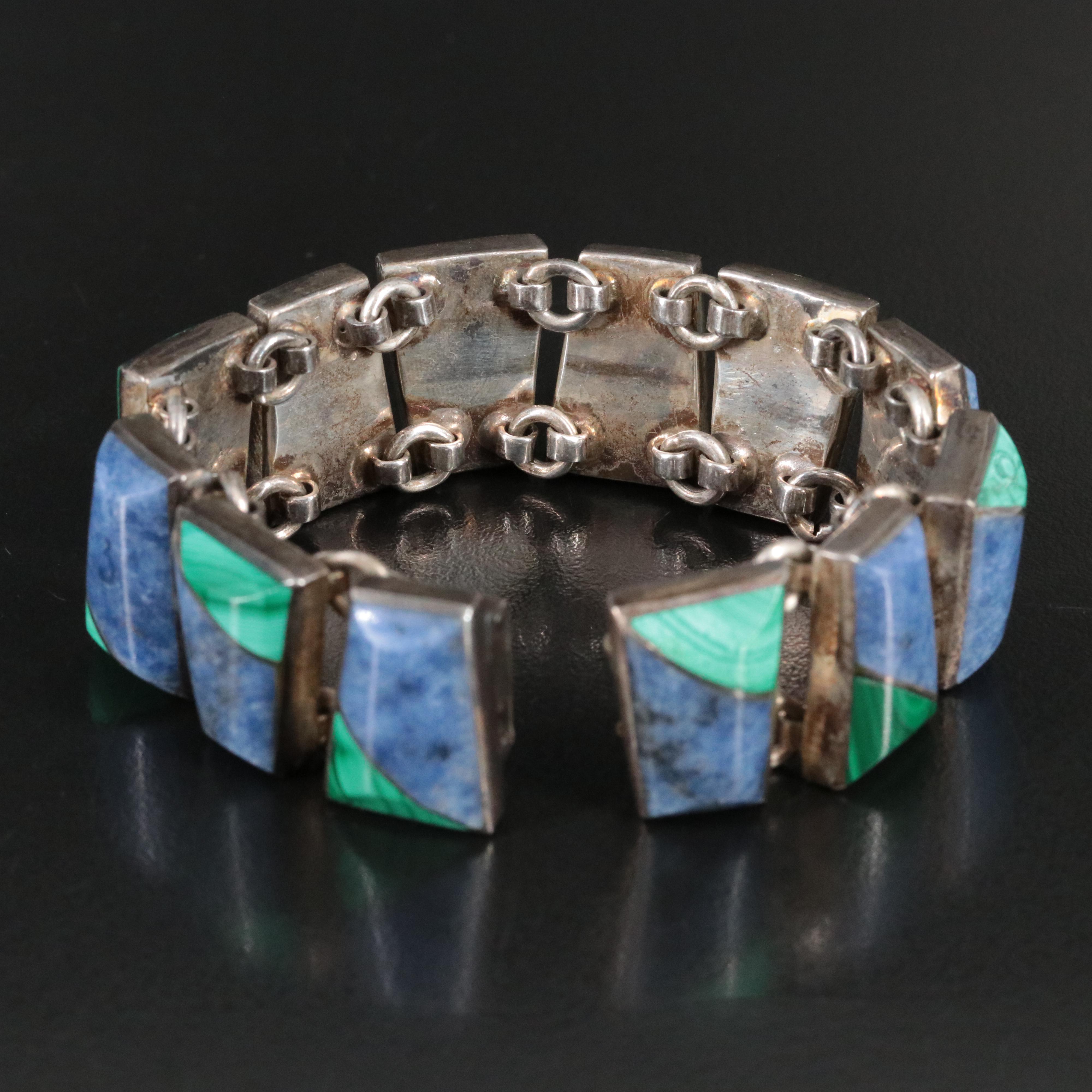 Mexican Sterling Malachite and Quartzite Bracelet
